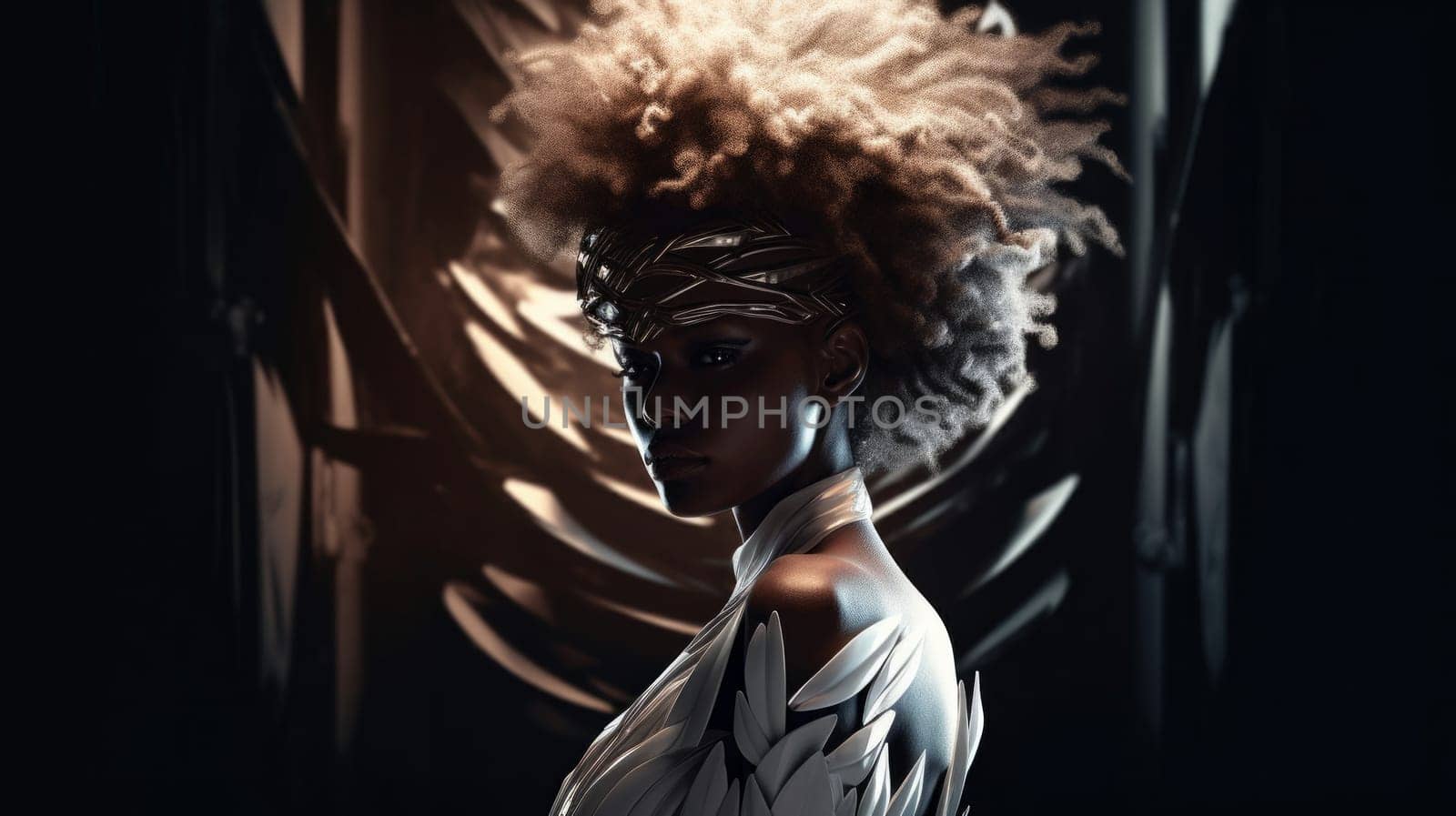 Woman with Afro in White Feather Dress and Gold Diadem on Forehead