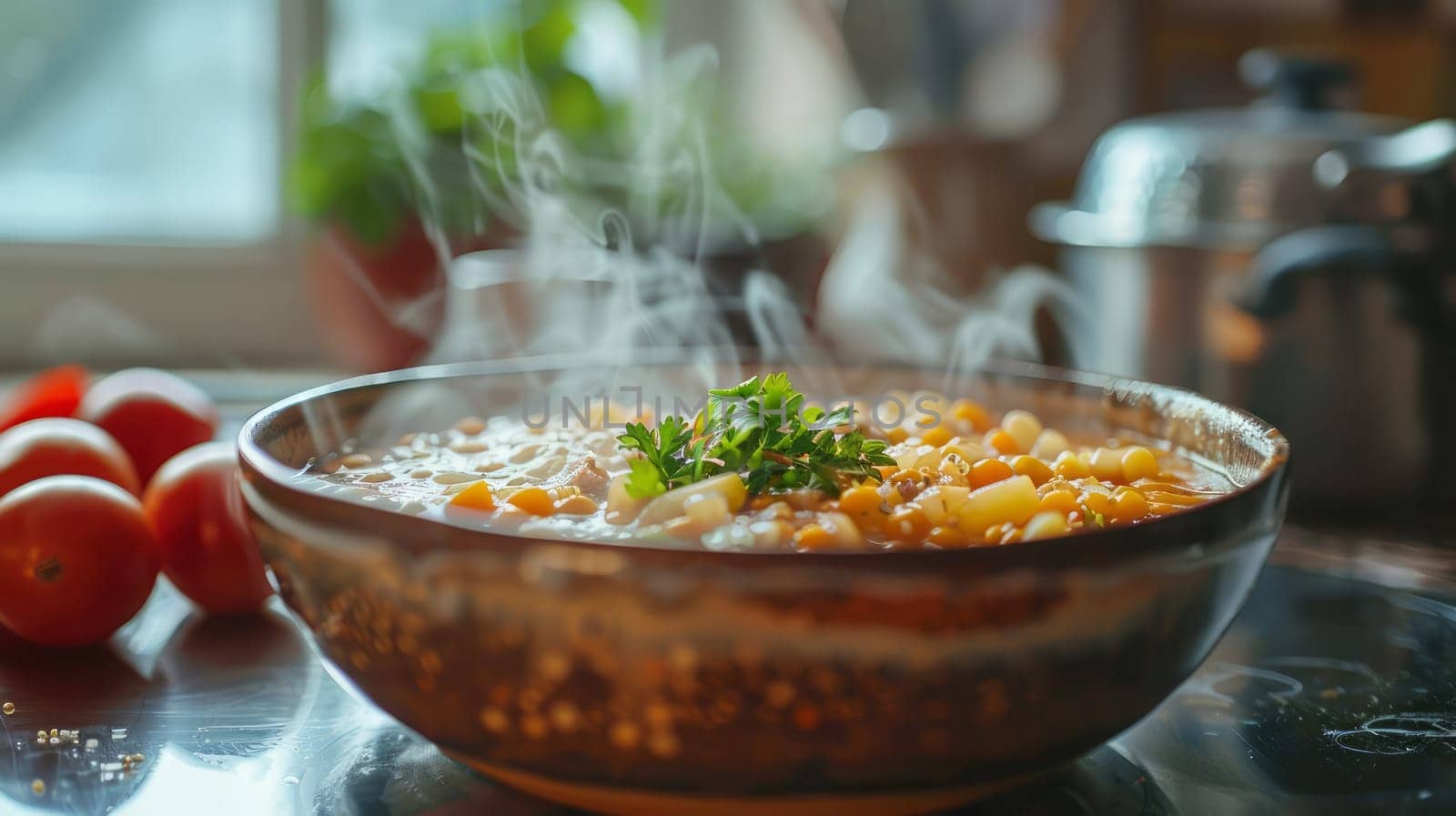 A bowl of stew on the table is sprinkled with herbs, from which steam comes out.