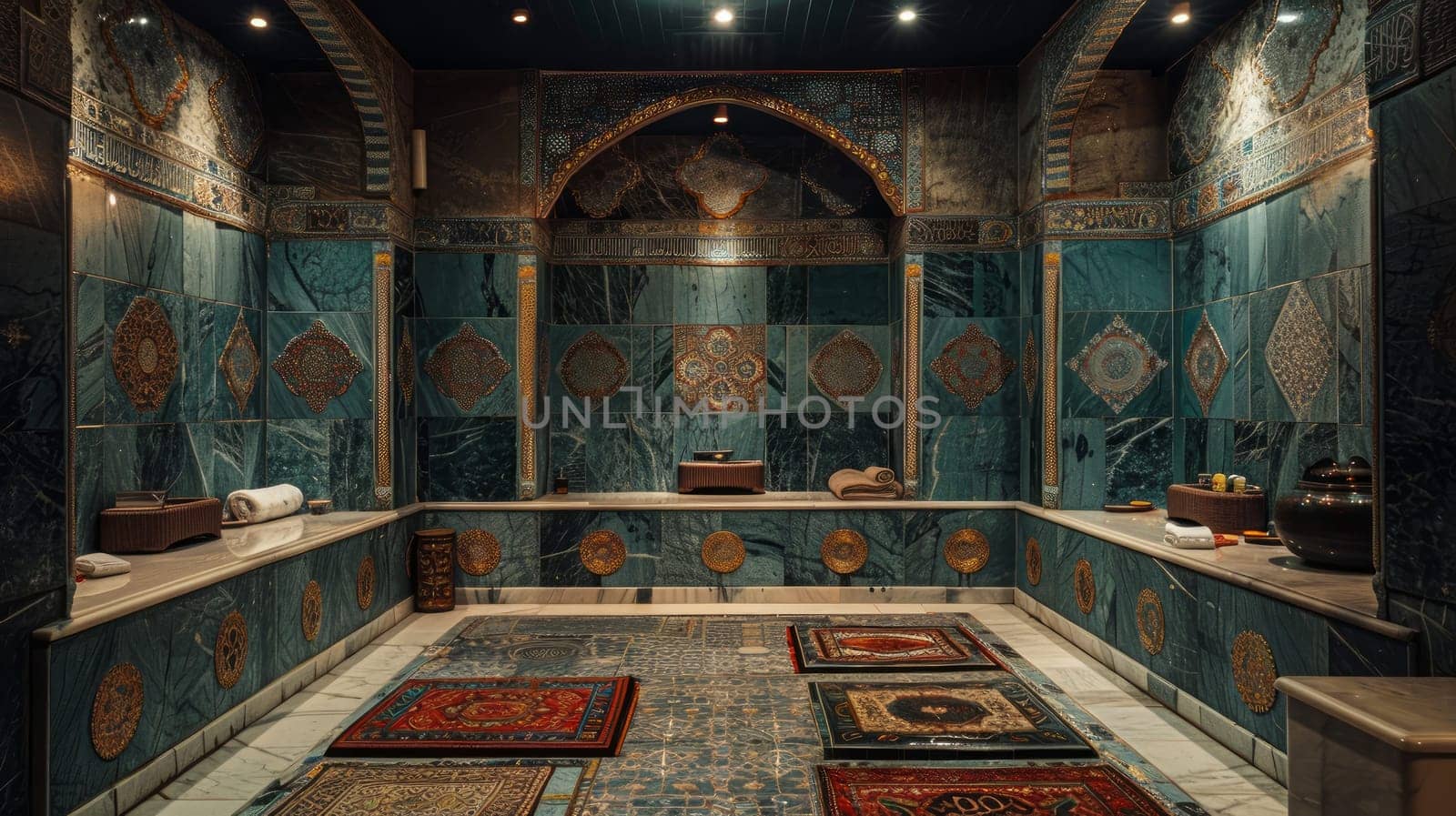 A large room with many colorful tiles on the walls