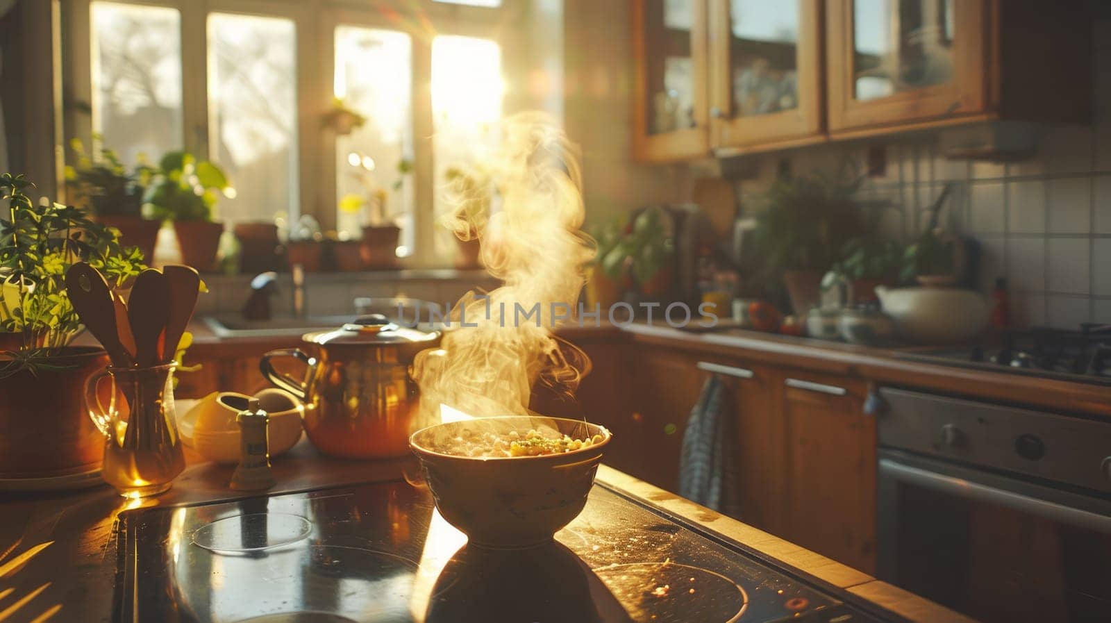 Bowl of steam over hot food on kitchen table .