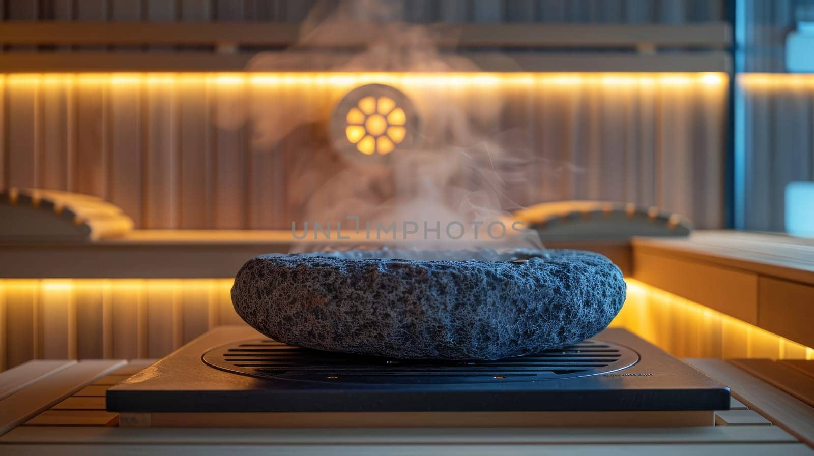Hot stone on the heater in the spa sauna. copy space
