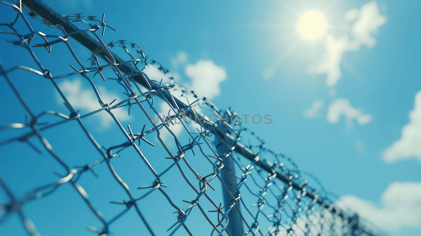 Close-up of barbed wire fence with sun view