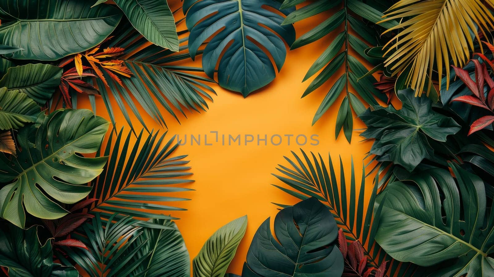 A bunch of tropical leaves arranged in a circle on a yellow background with copy space