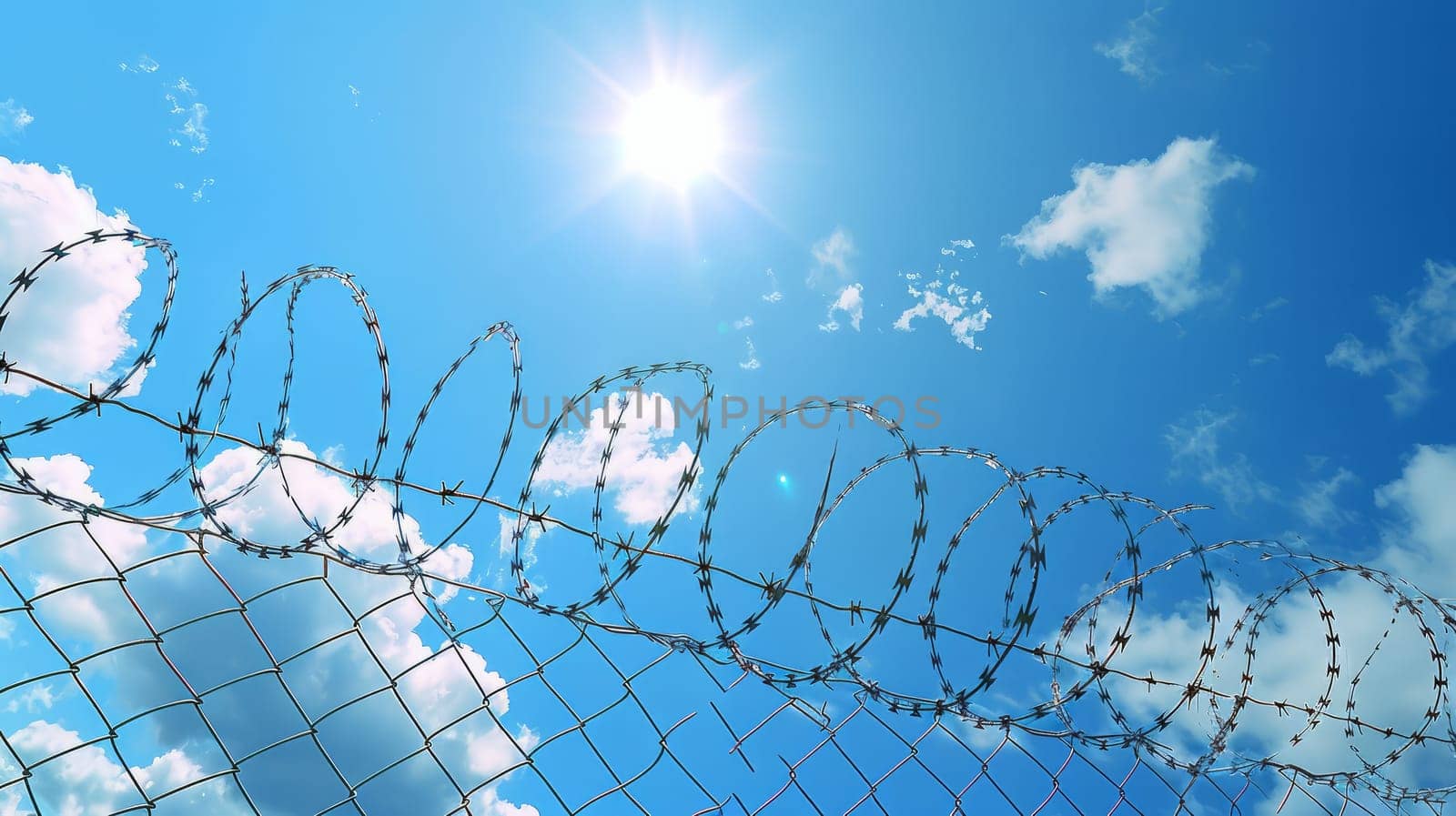 A fence with barbed wire and a blue sky in the background