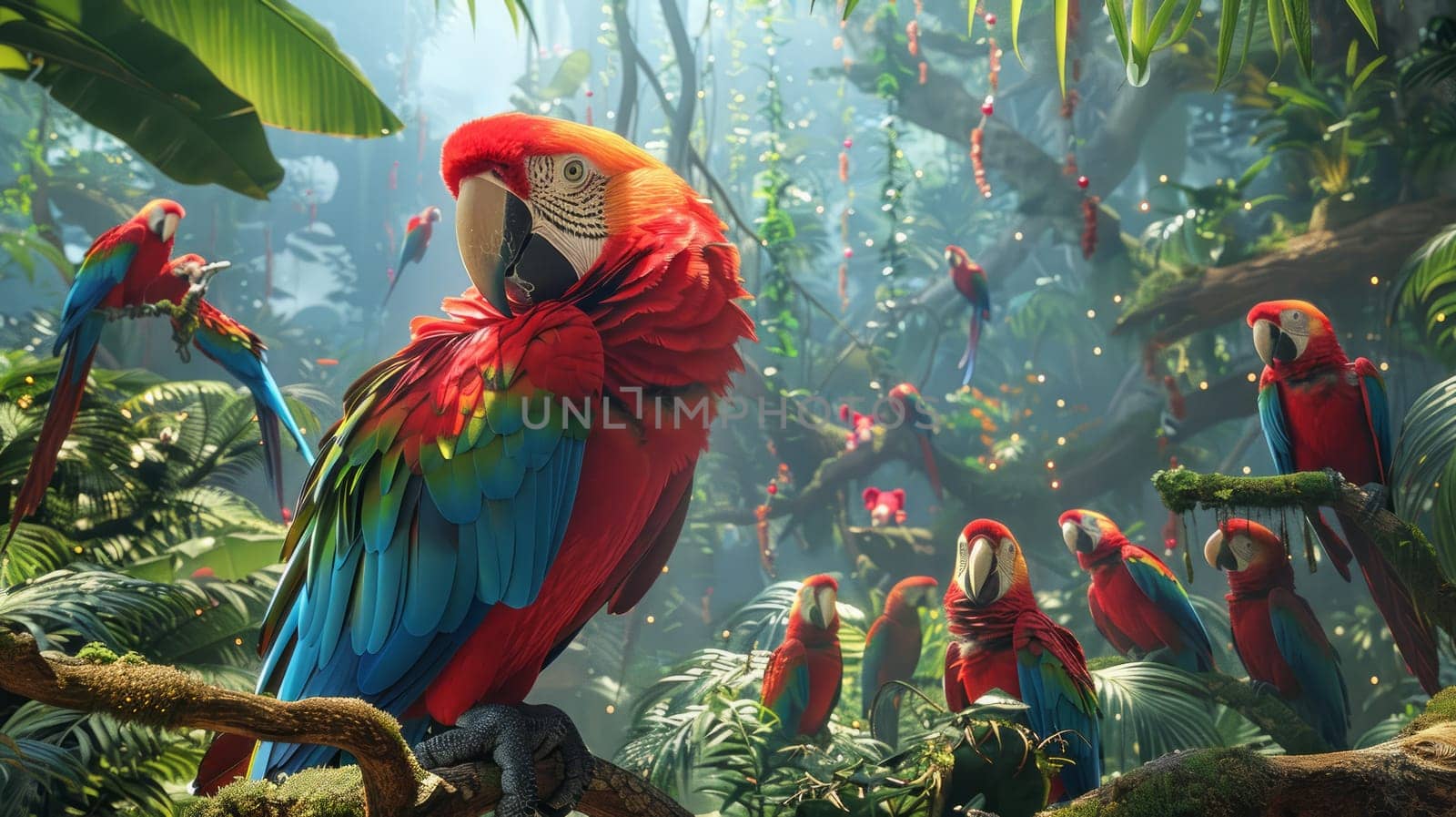 A group of colorful parrots sitting on a tree branch.copy space
