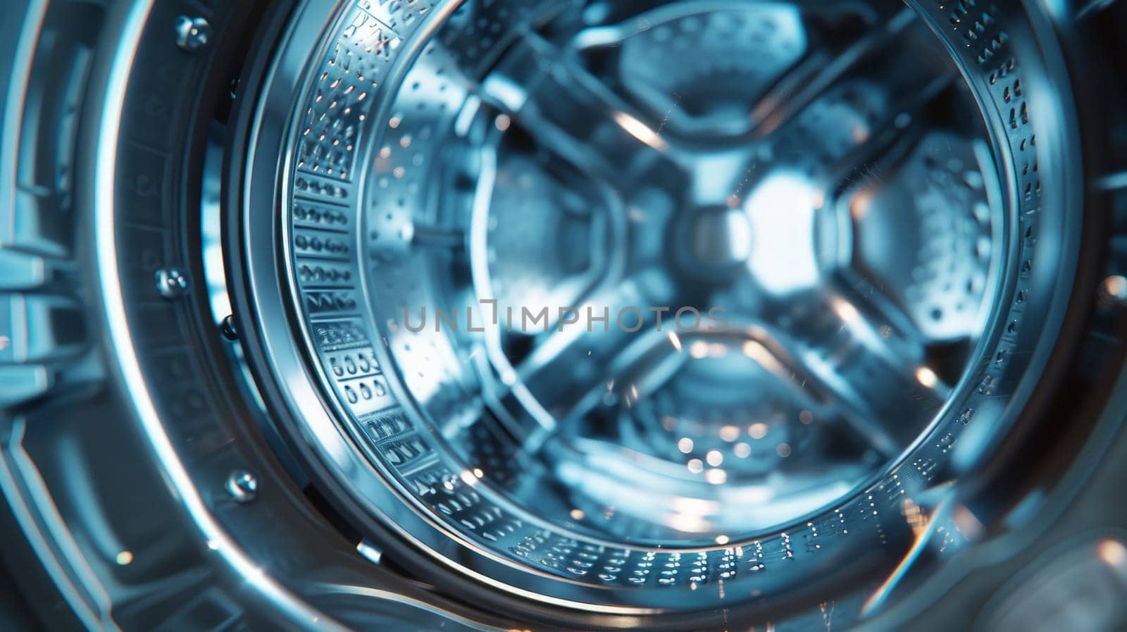 Close-up of shiny metal washing machine tank in center .