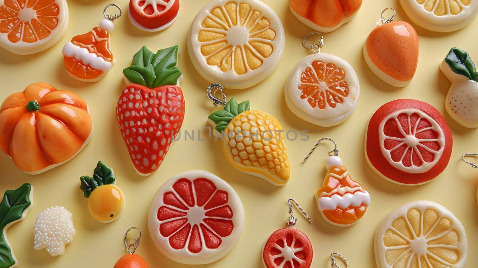 On the table there is a bunch of different decorations in the form of fruits.