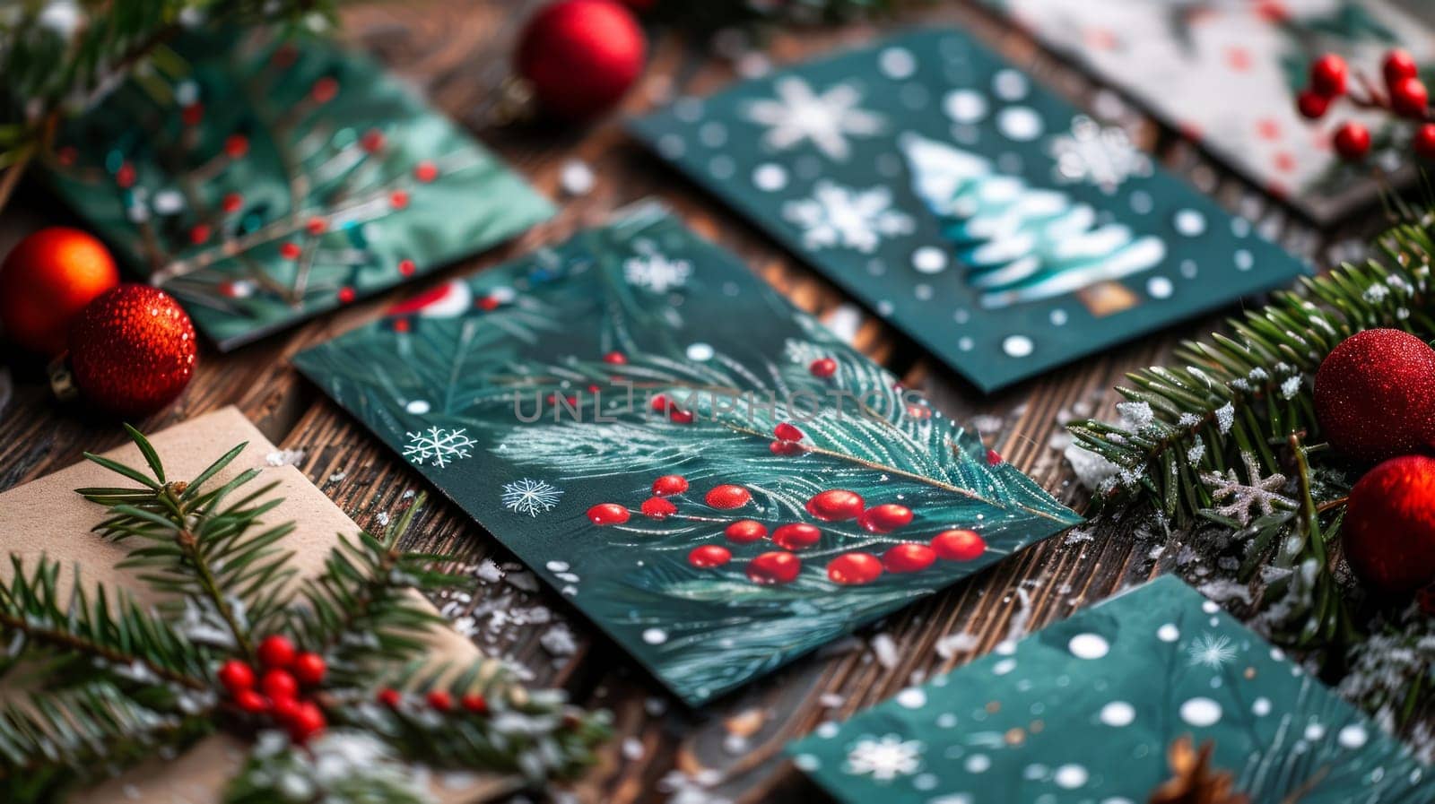 There is a pile of Christmas cards on the table.