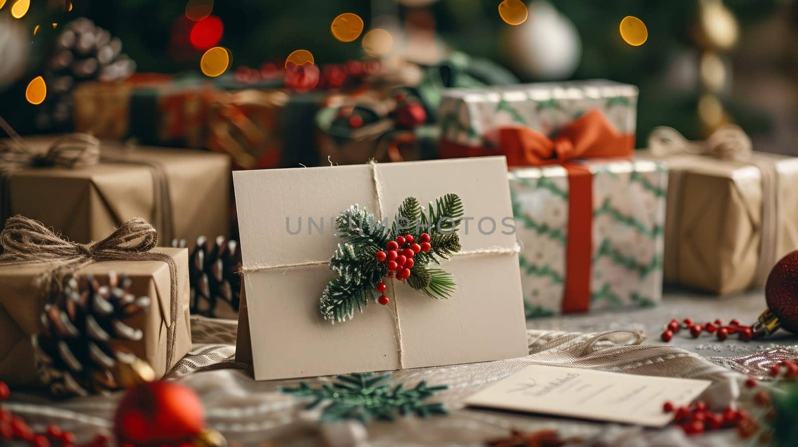 A close up of a christmas card sitting on top of presents .