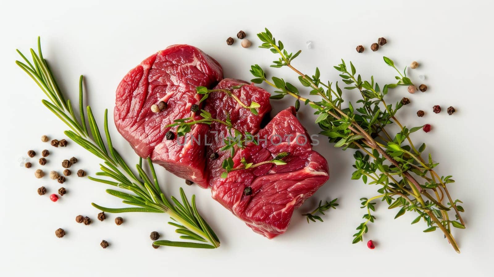 Raw meat with herbs and spices on a white background