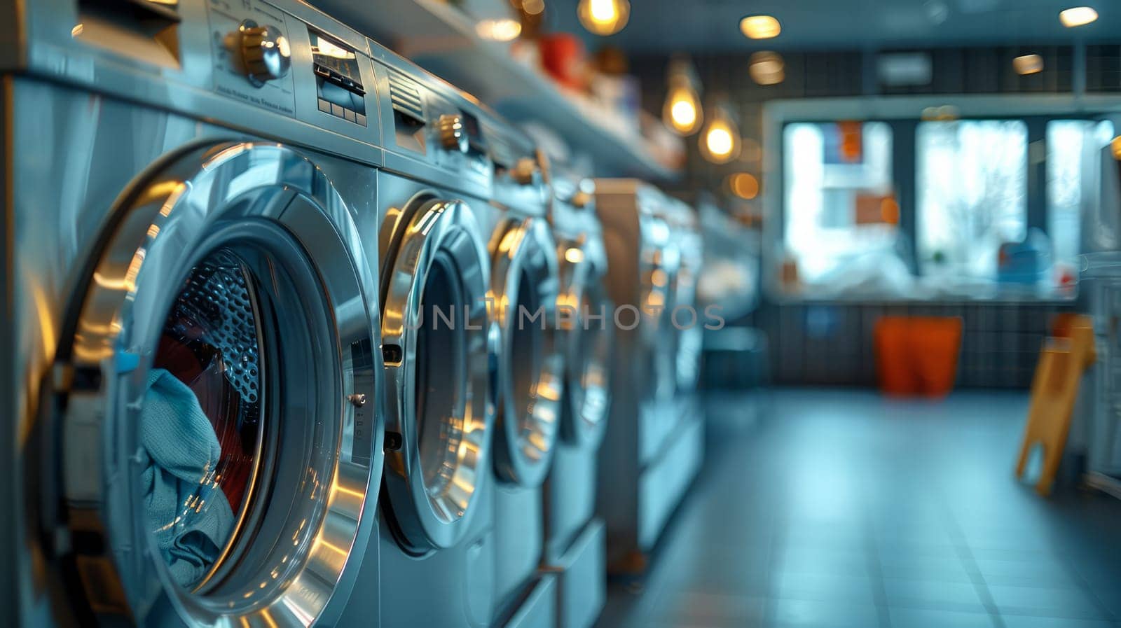 A row of washing machines in the laundry room with windows