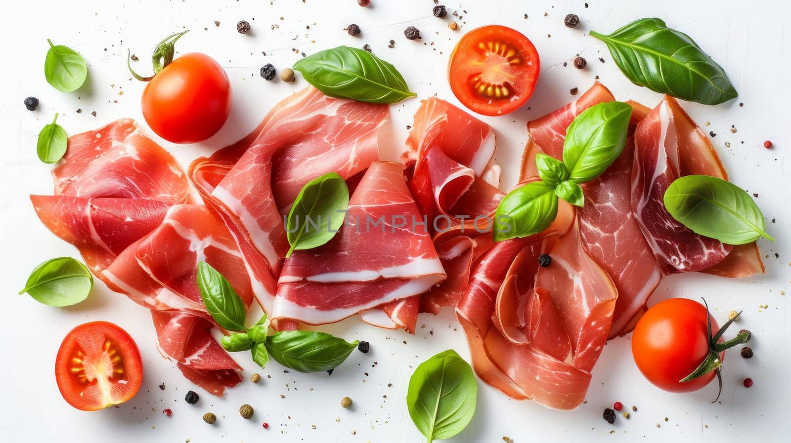 Close-up of thinly sliced meat with tomatoes and basil leaves