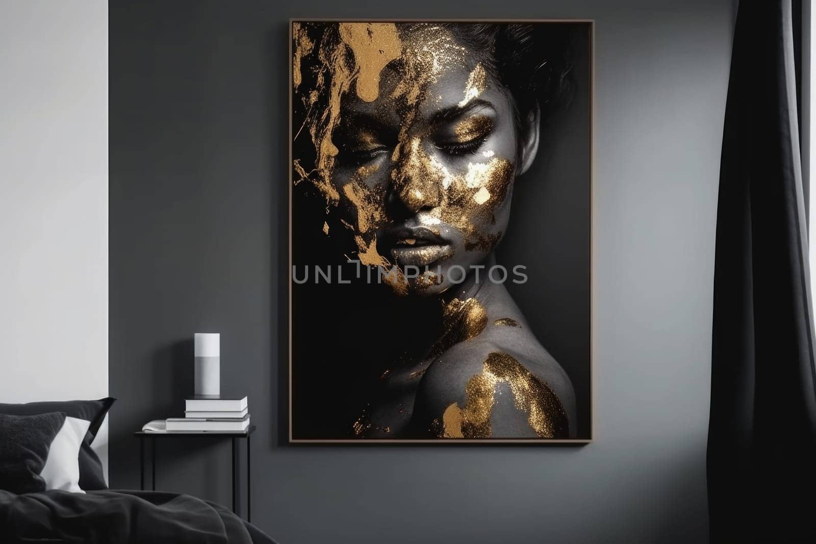Black and Gold Portrait of Woman in Bedroom.poster