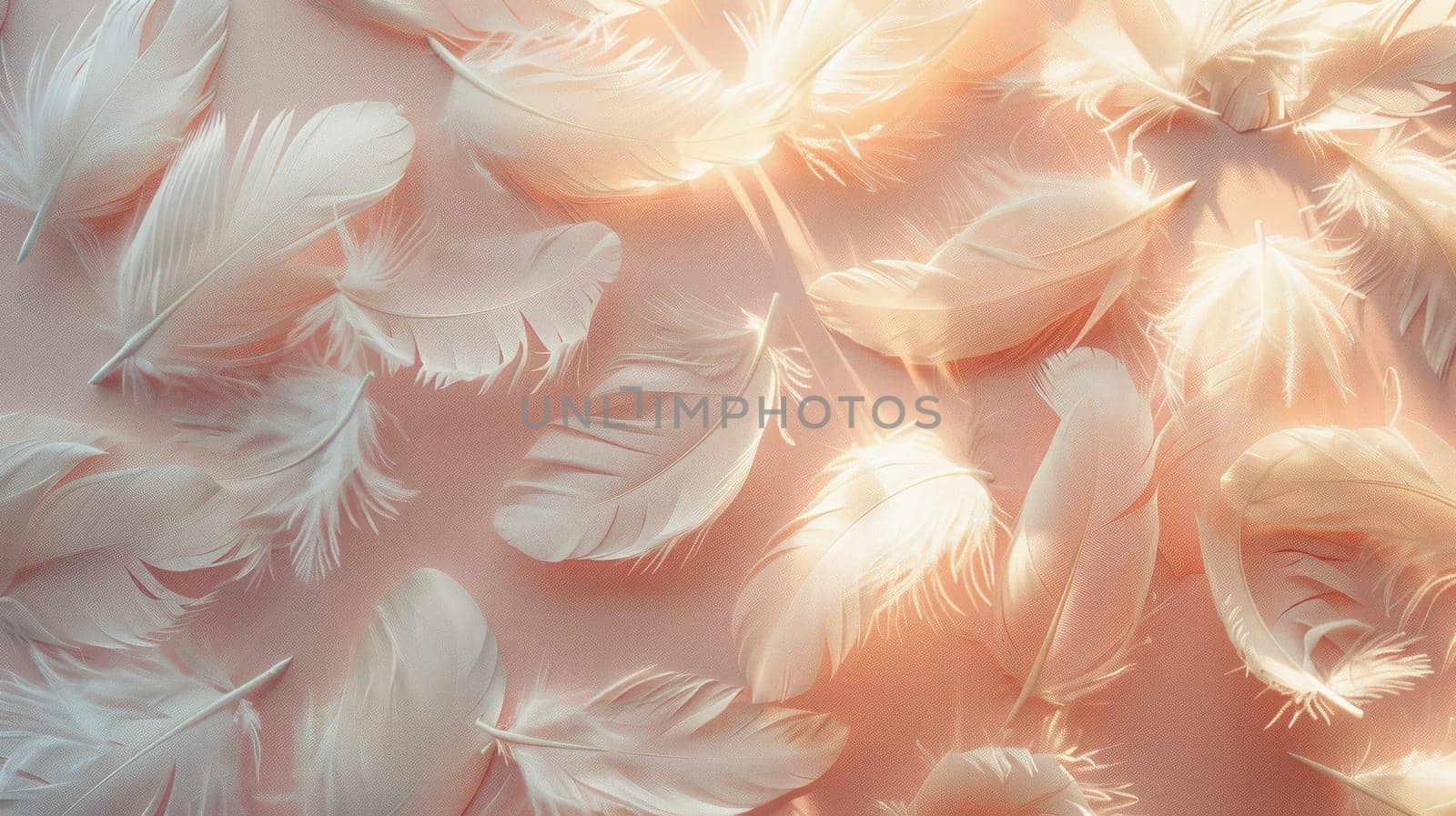A tuft of white feathers is scattered on a pink background