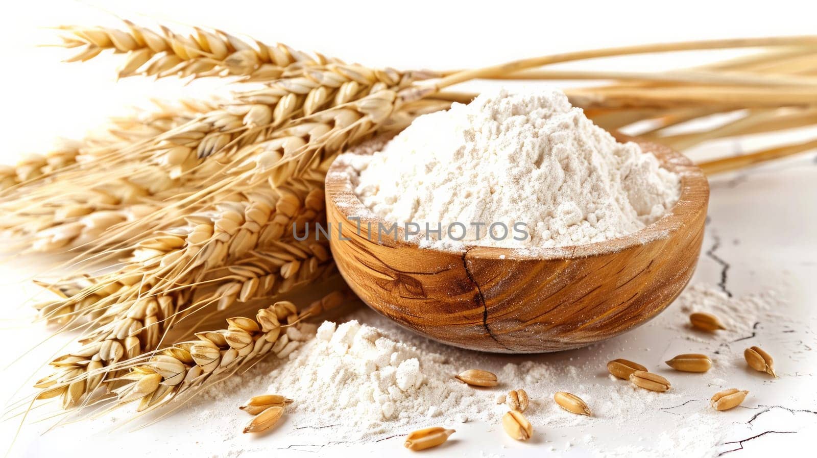 A bowl of flour and wheat on the table next to the ears.