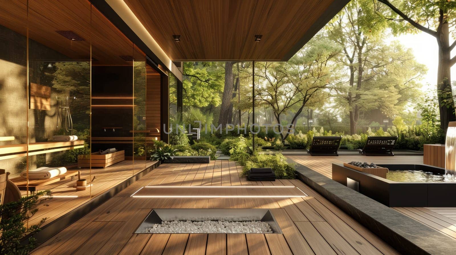 Veranda with hot tub and water features in the center