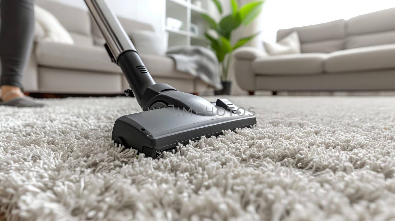 Man vacuuming carpet in the living room of his house