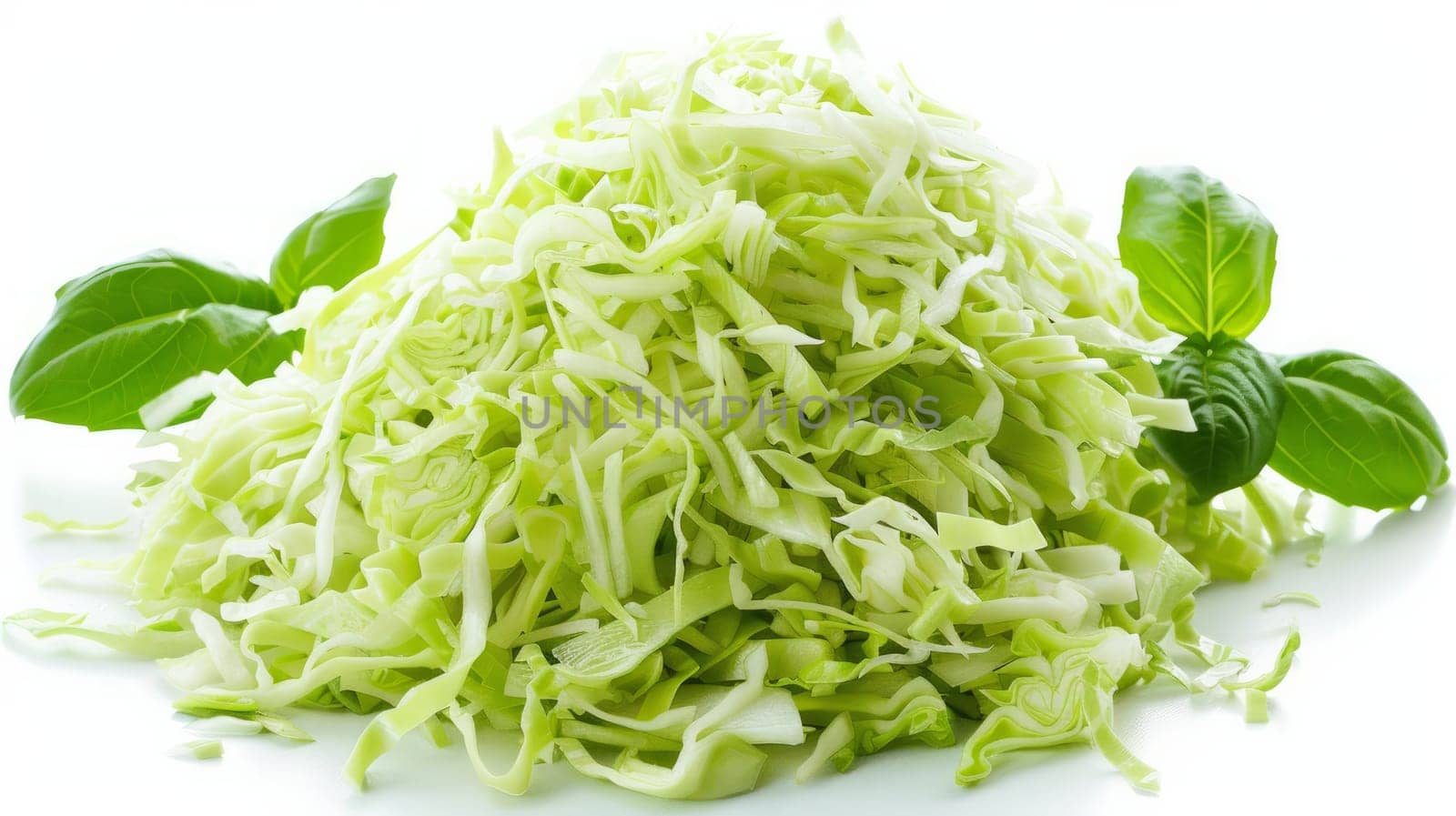 Pile of shredded cabbage with basil leaves on a white background