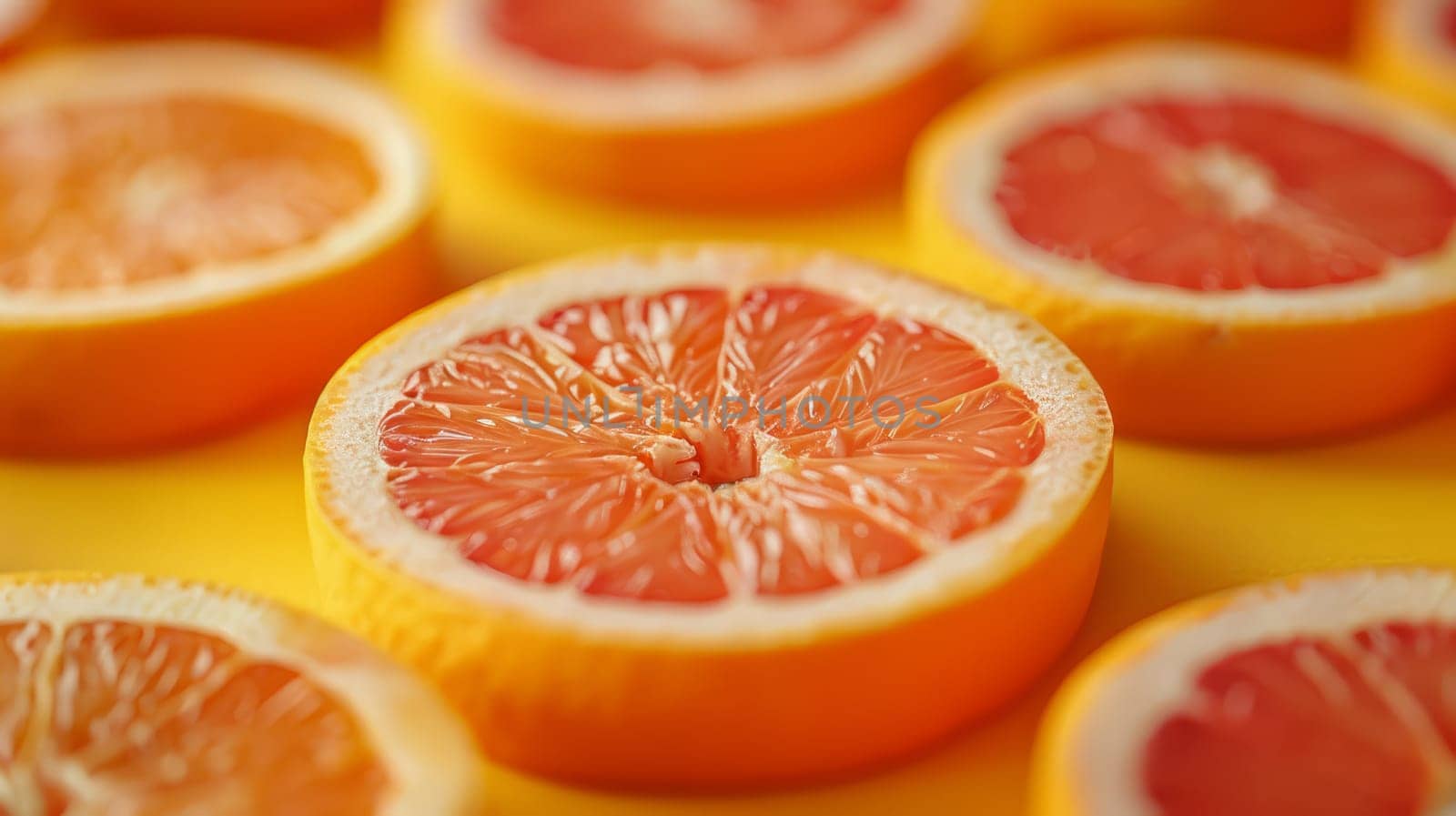 Close-up of grapefruit slices on a yellow background