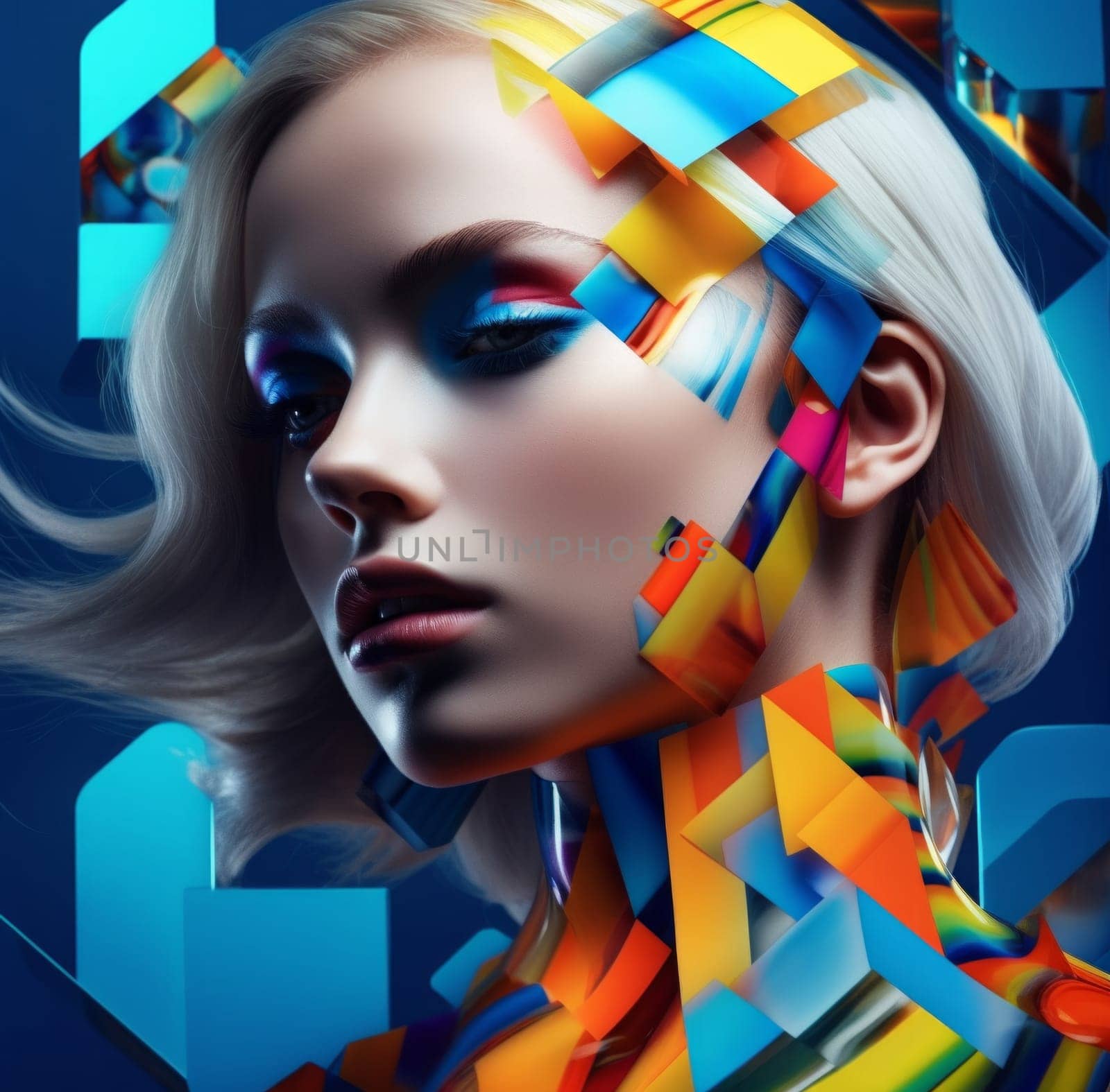 A woman with a white face and blue eyes surrounded by multi-colored geometric shapes