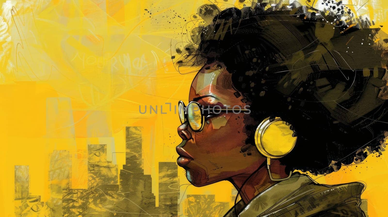 A painting of a woman with headphones on and an afro, with copy space