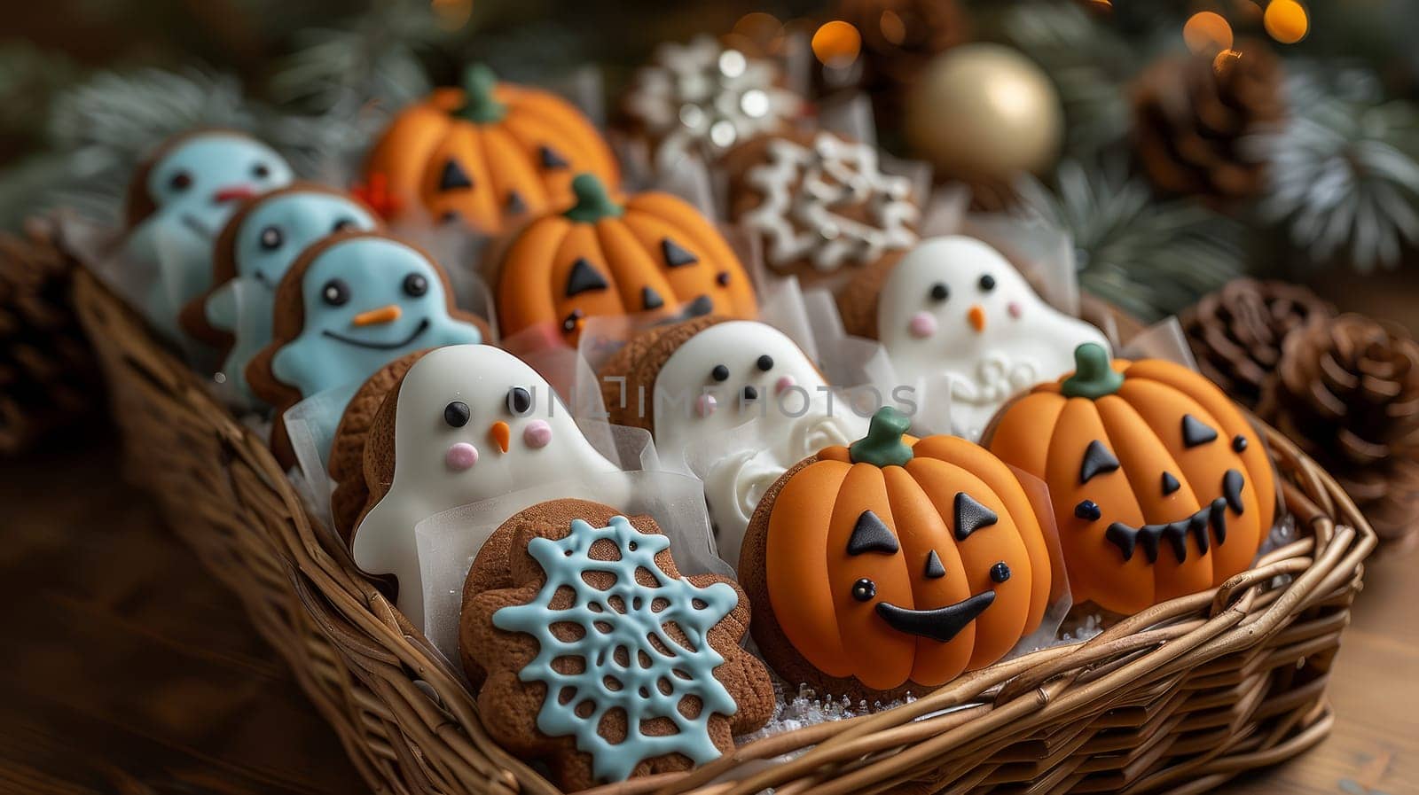 Basket with a pile of decorated cookies in the shape of pumpkins and ghosts