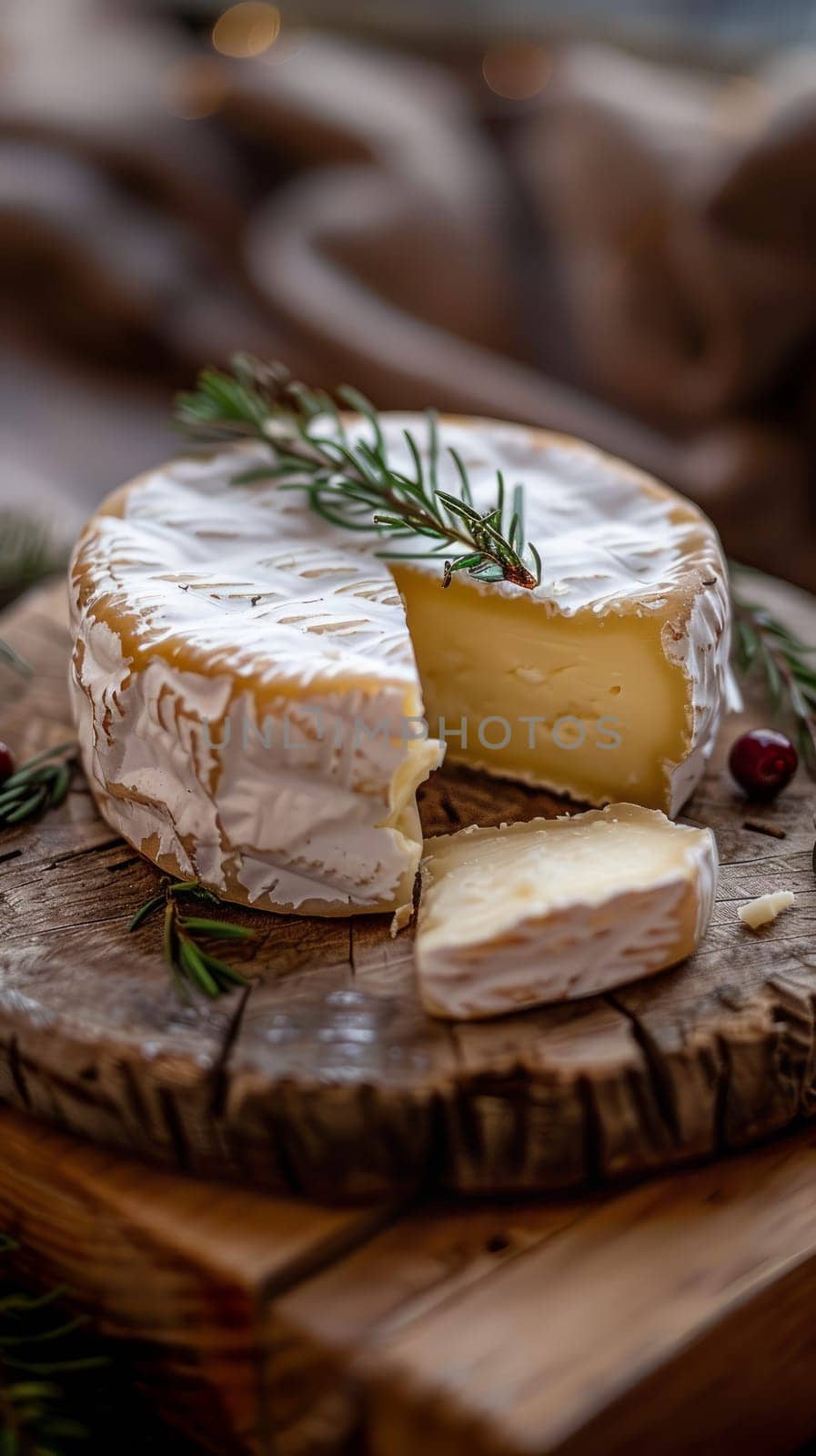 Cheese with missing slice and rosemary on top