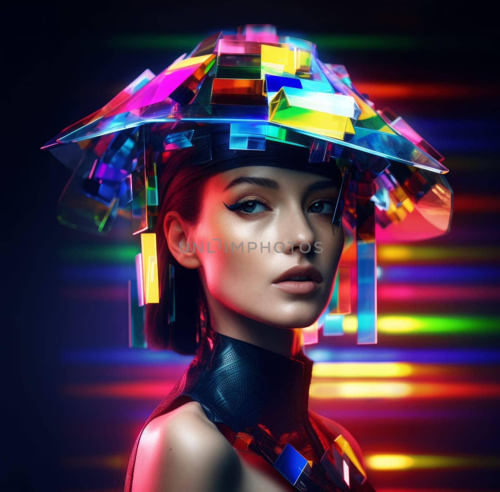 Woman With Colorful Hat On Her Head With Shiny Elements On Bright Blurred Background,Futuristic Fashion
