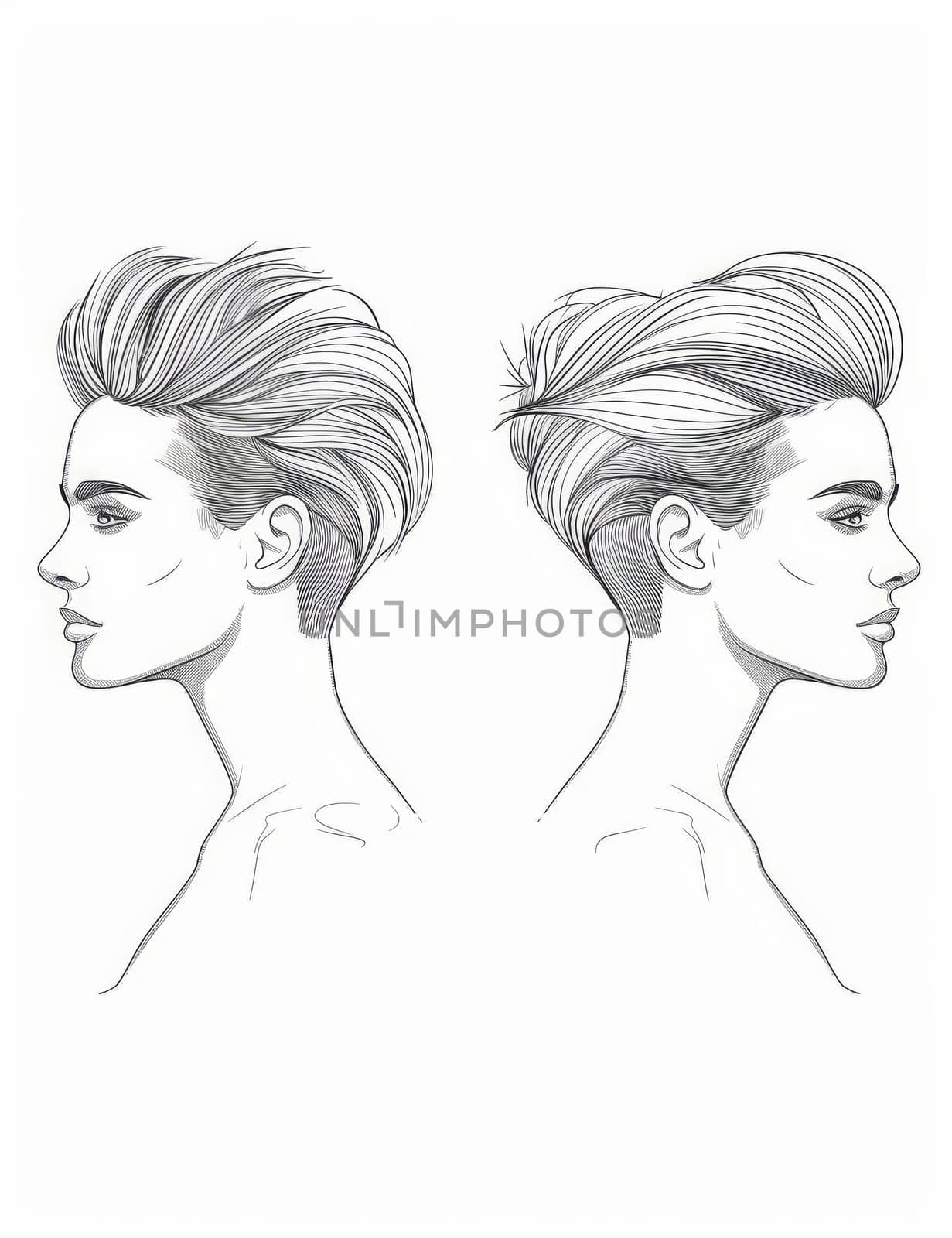 Two drawings depicting the head of a woman with short hair