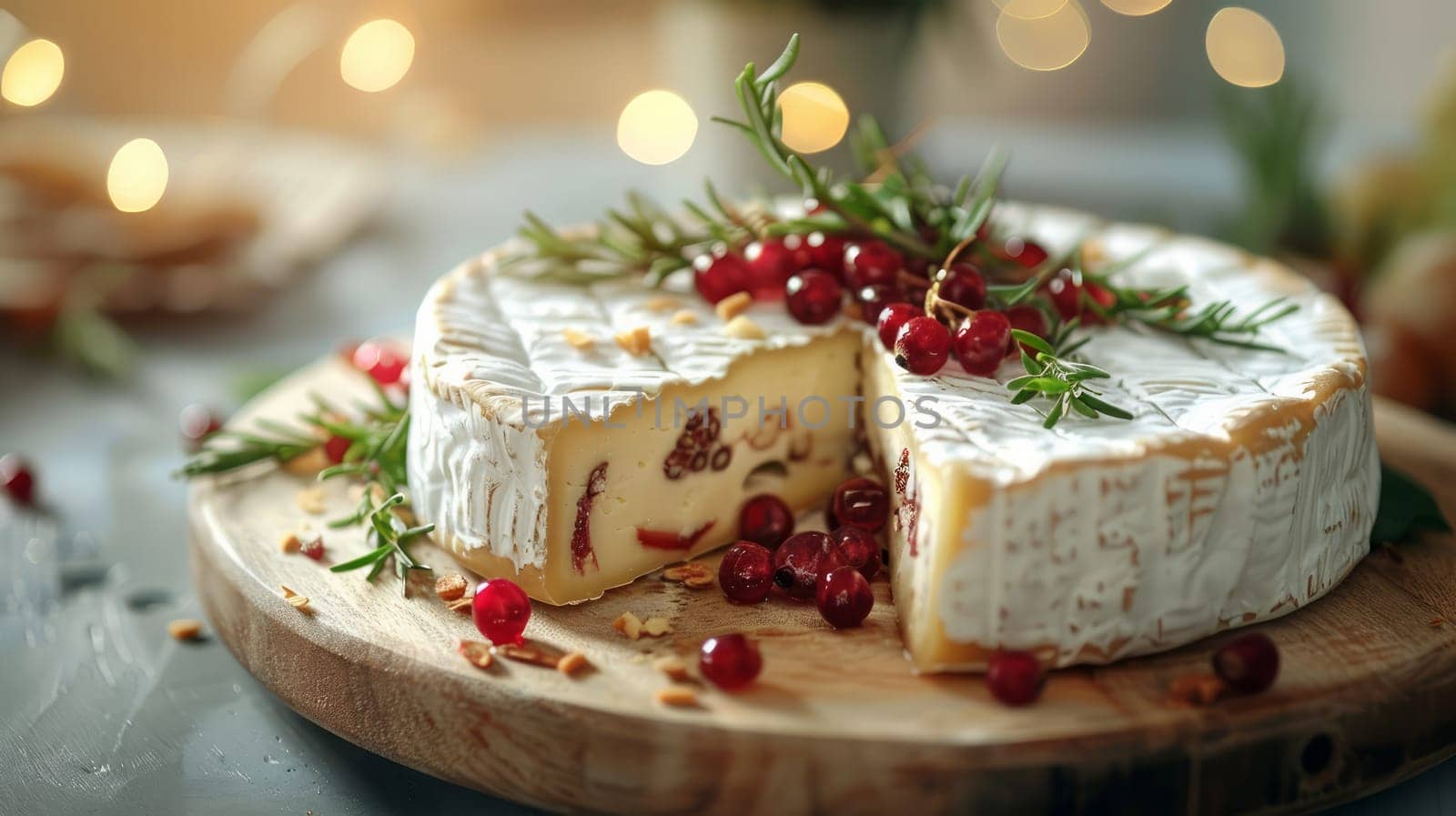 Cheese wheel with white mold, without a sector and with berries on top