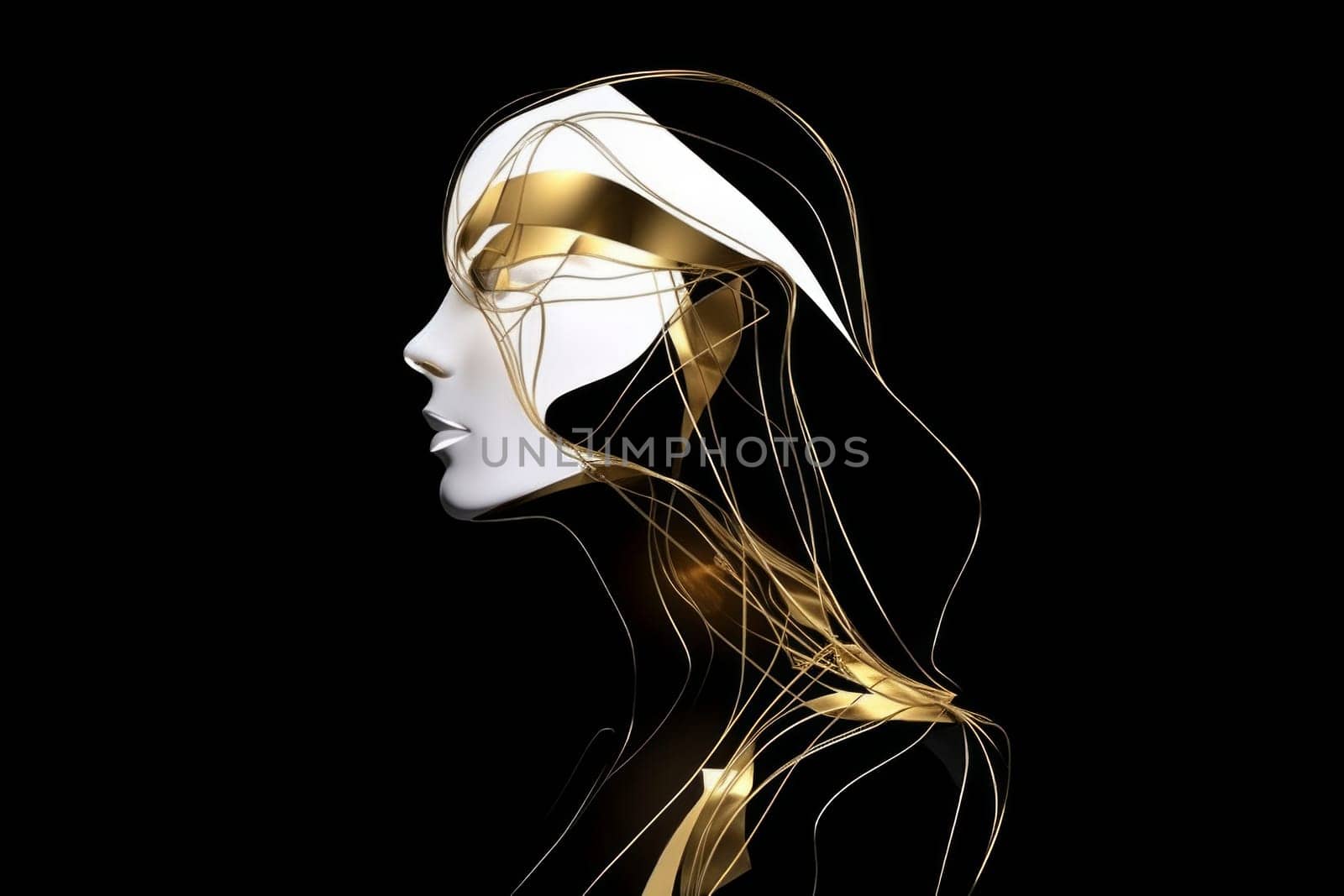 Flat Image Of Woman's Face Made Of White Plates And Gold Lines.banner