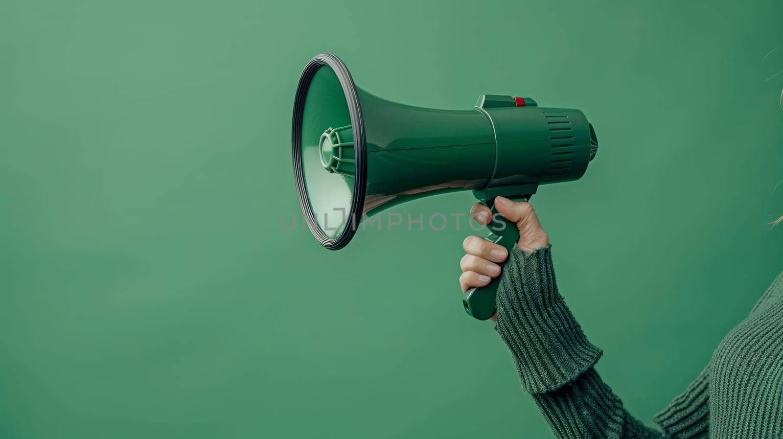 Woman with megaphone in hand on green background .copy space