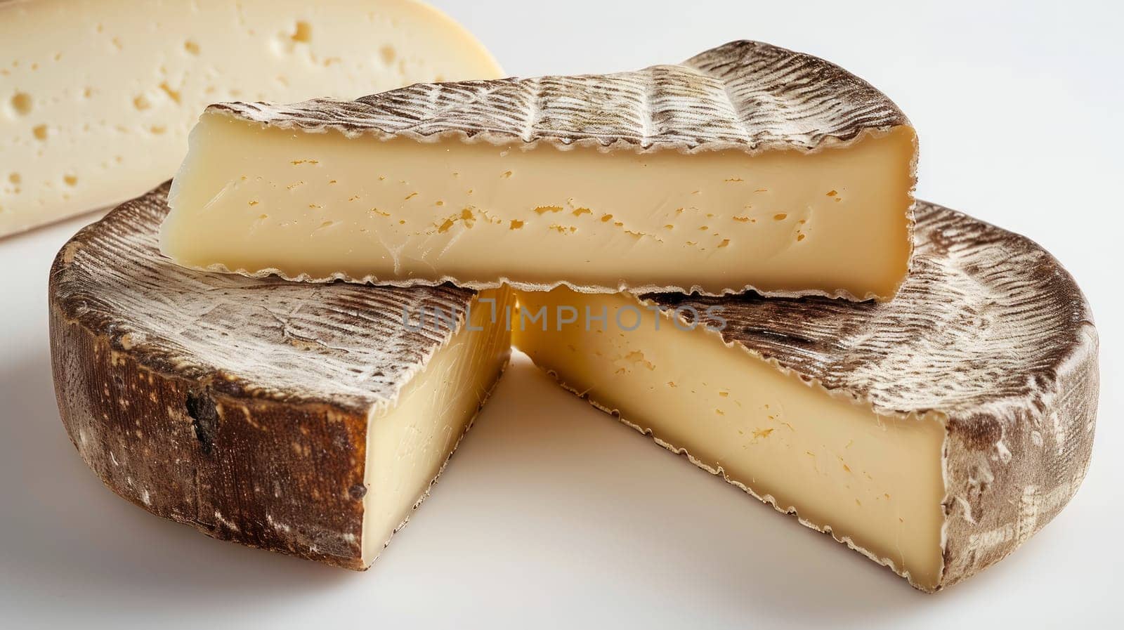 On a white table there is cheese, cut into three parts.