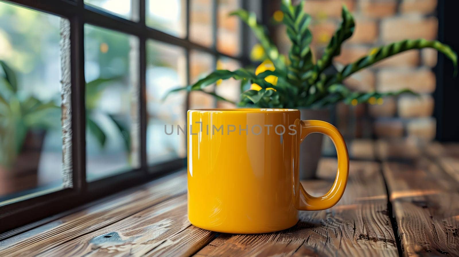 A yellow mug with space for text stands on a wooden table next to a potted plant.
