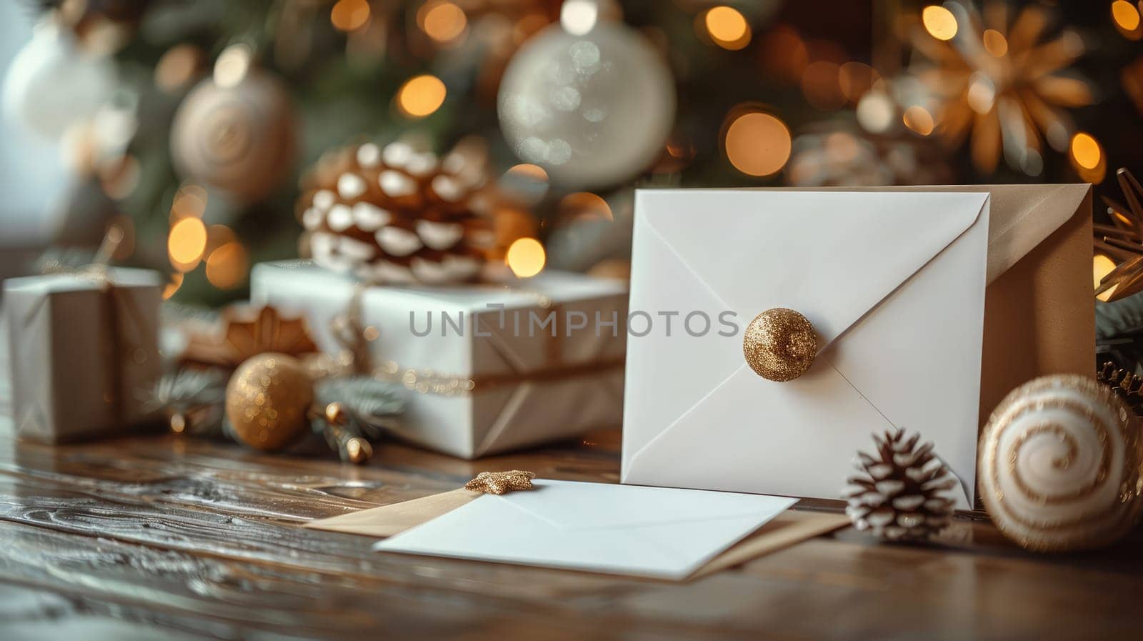 A close up of a christmas card and envelope on top of wooden table .