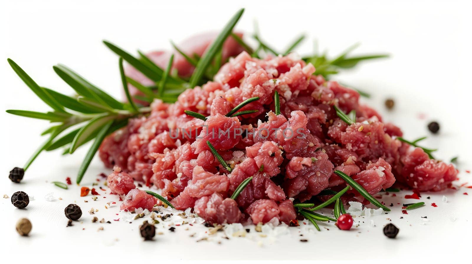 Pile of minced raw meat with rosemary and pepper on a white surface