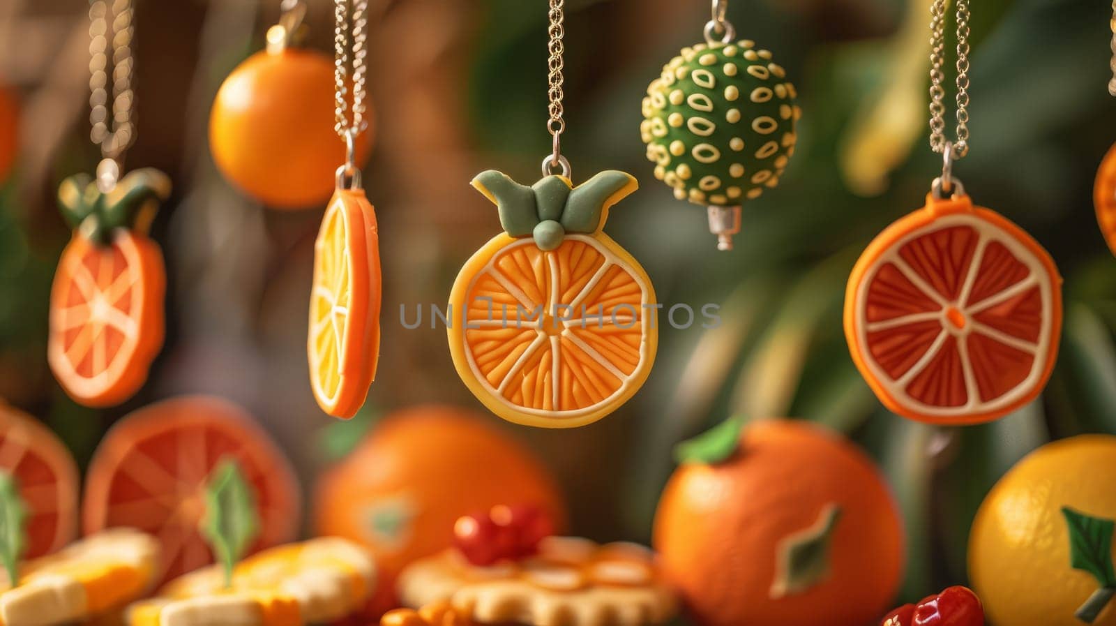 A bunch of oranges and other fruit decorations hanging from chains.