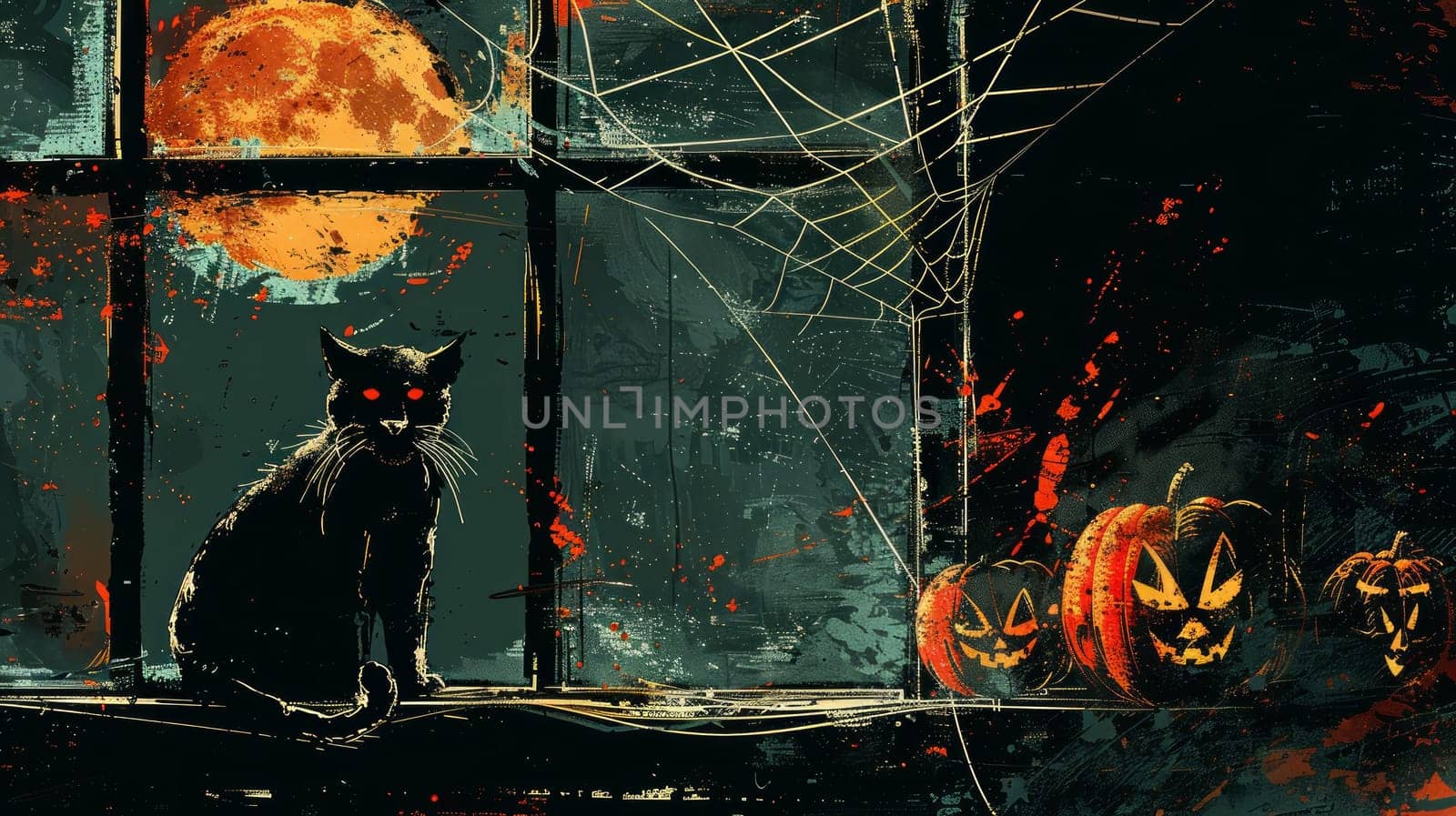 A black cat is sitting on the windowsill with pumpkins in the background and cobwebs, the moon outside the window