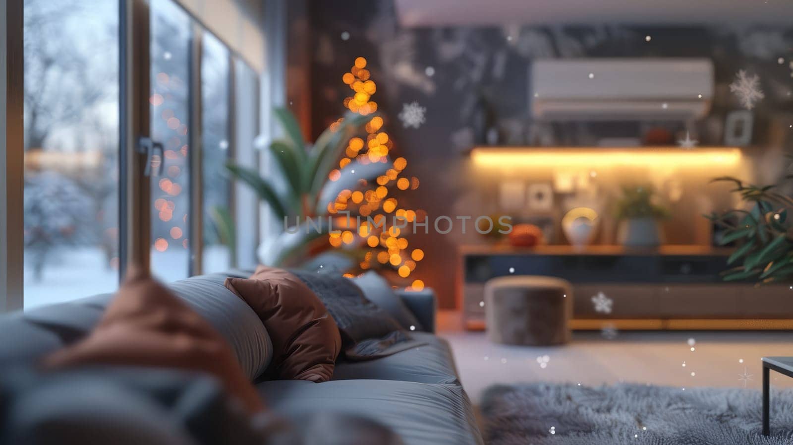 Living room with sofa and Christmas tree in the corner.air conditioning on the wall and snowflakes as a concept of heating in the cold season