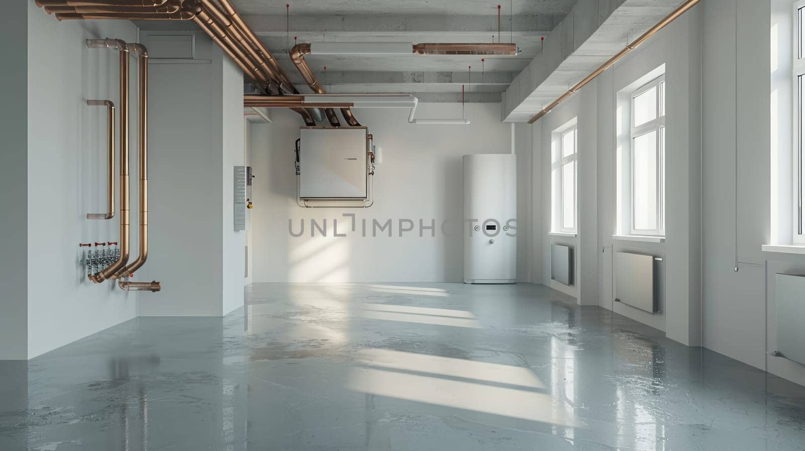 Large empty room with many pipes and windows