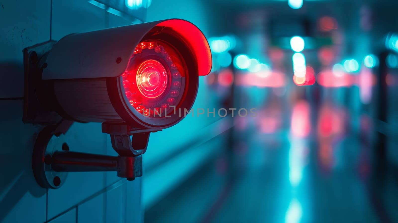 On the surveillance camera in the corridor, a red light is on.the concept of security or violation of freedoms