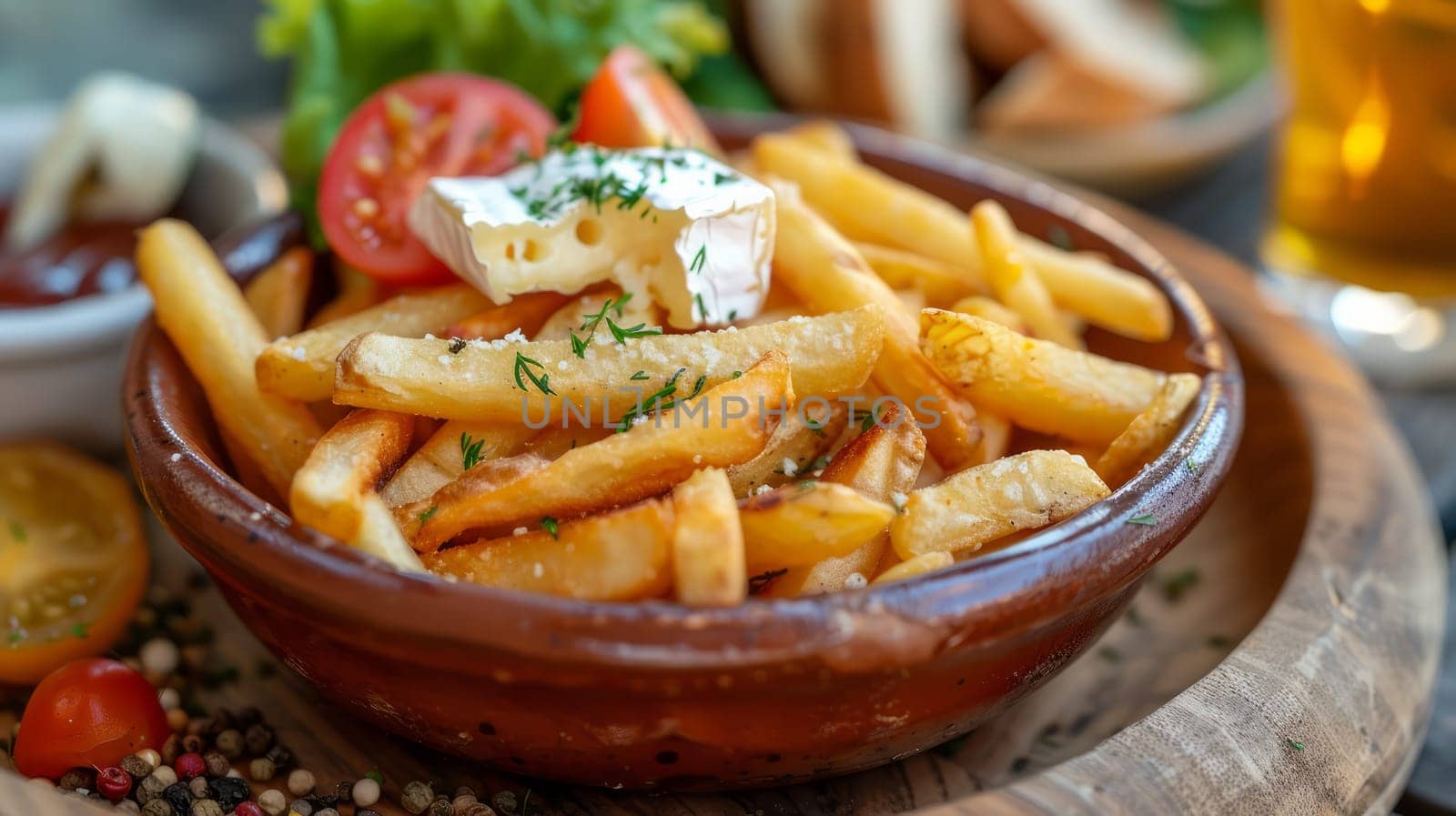 Bowl of French fries with tomatoes and cheese on a plate sprinkled with herbs