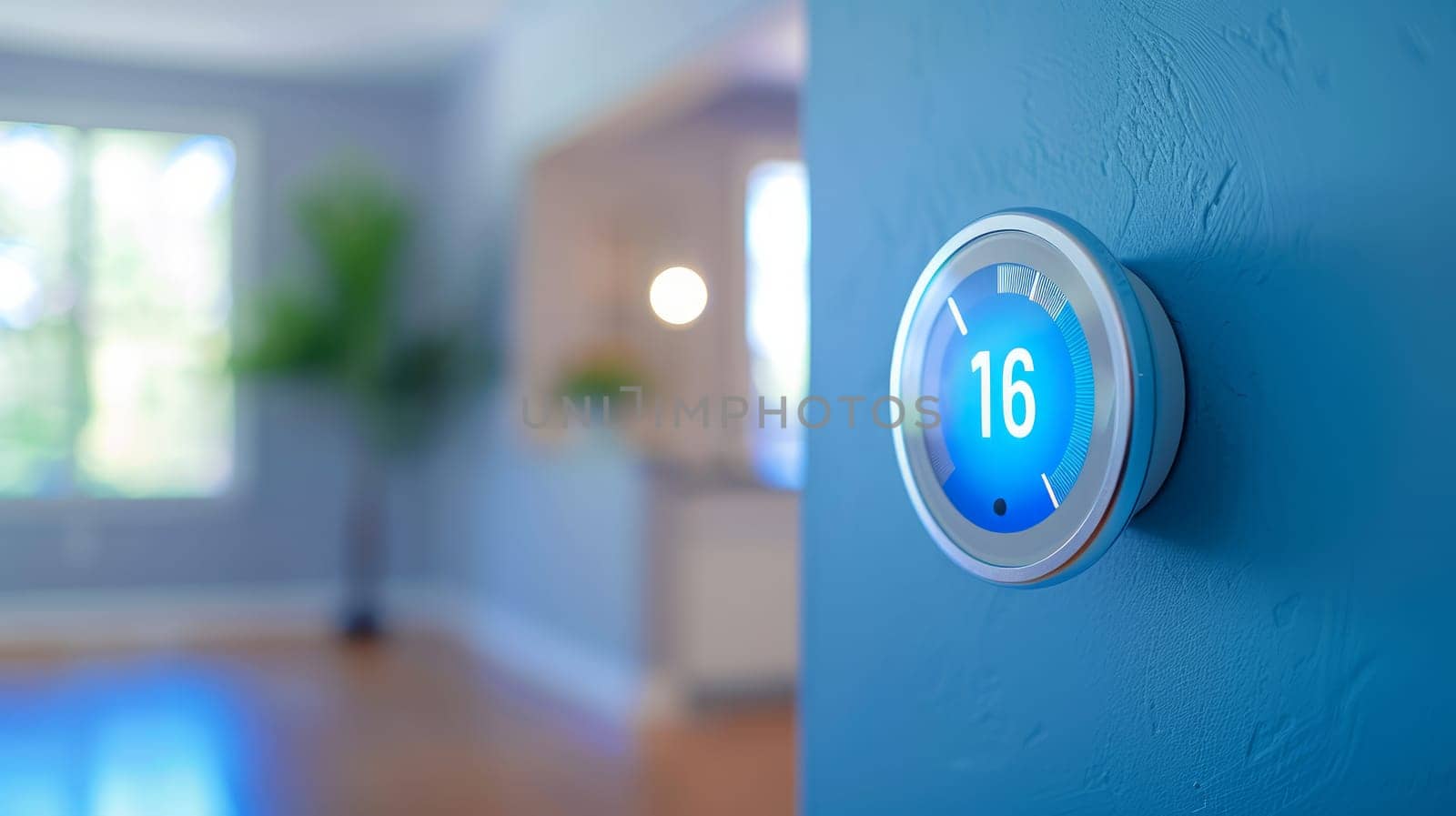 Climate control shows 16 degrees in the room close-up. Modern technologies, the concept of a comfortable life.