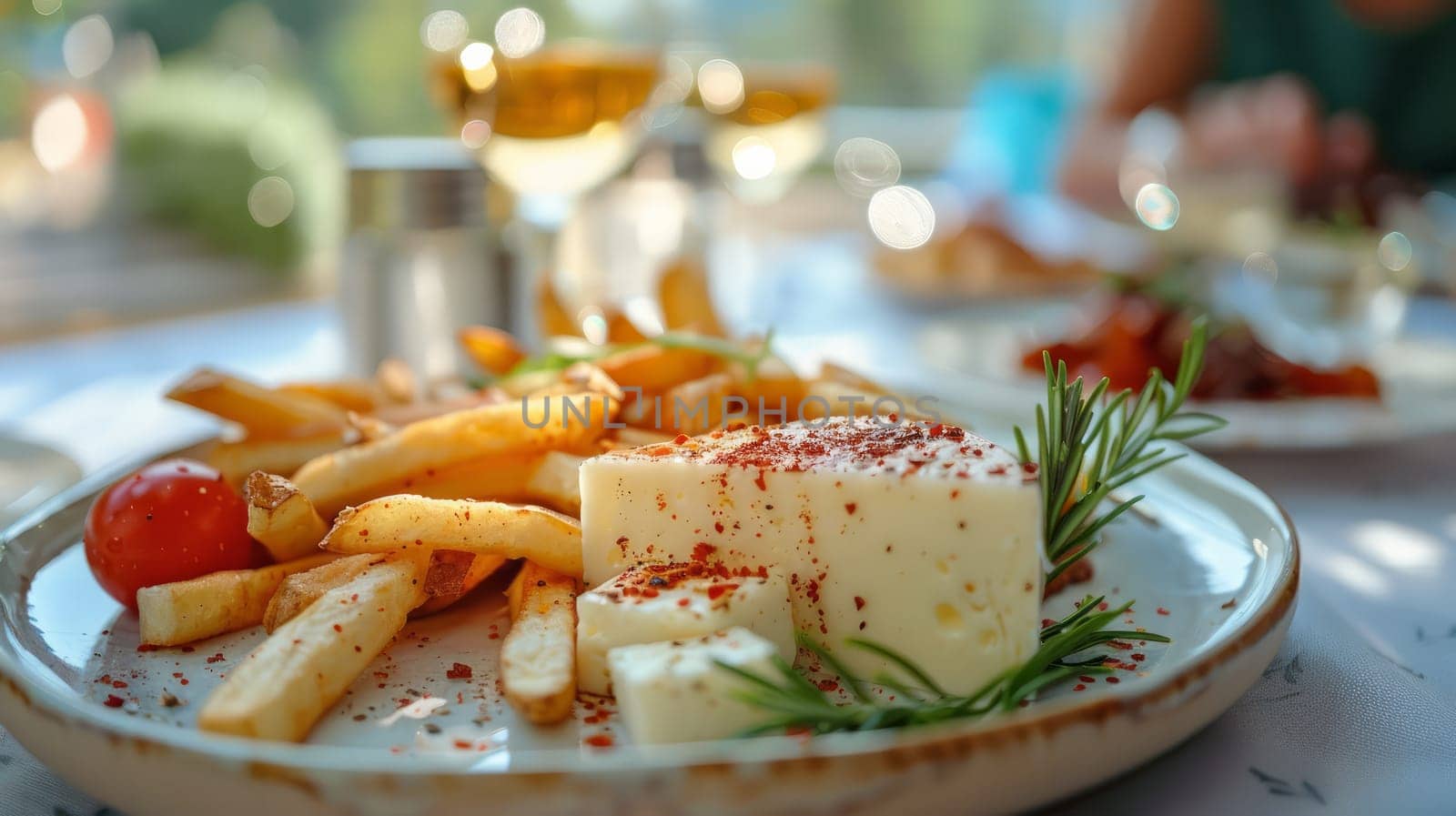 Plate on a White Table with Cheese and French Fries