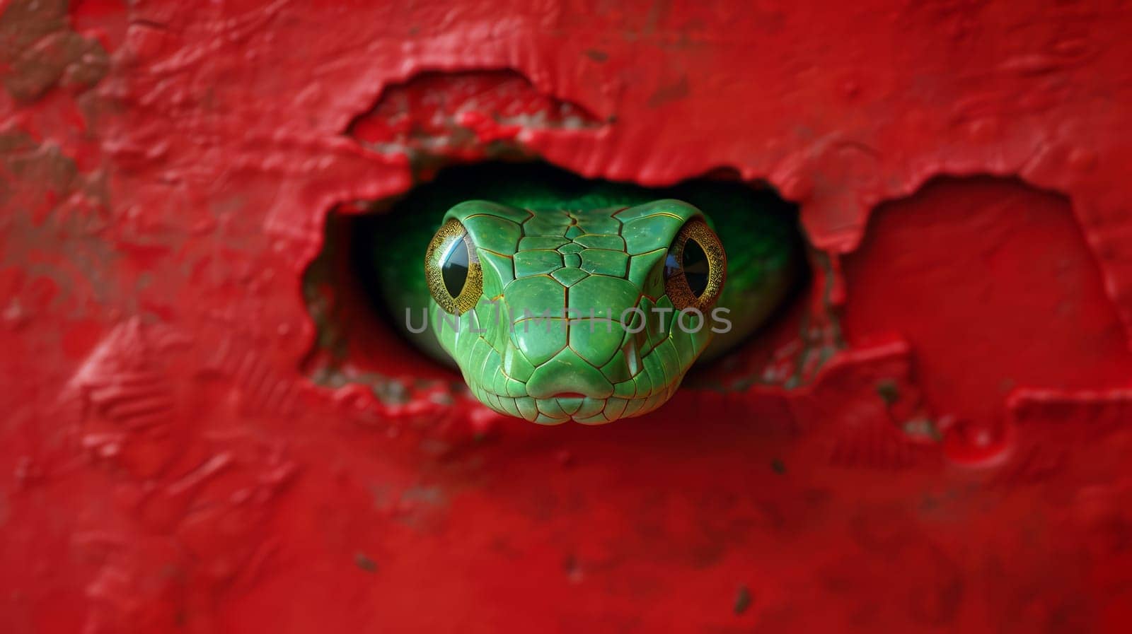 A green snake peeking out of a hole in a red wall.symbol of the year