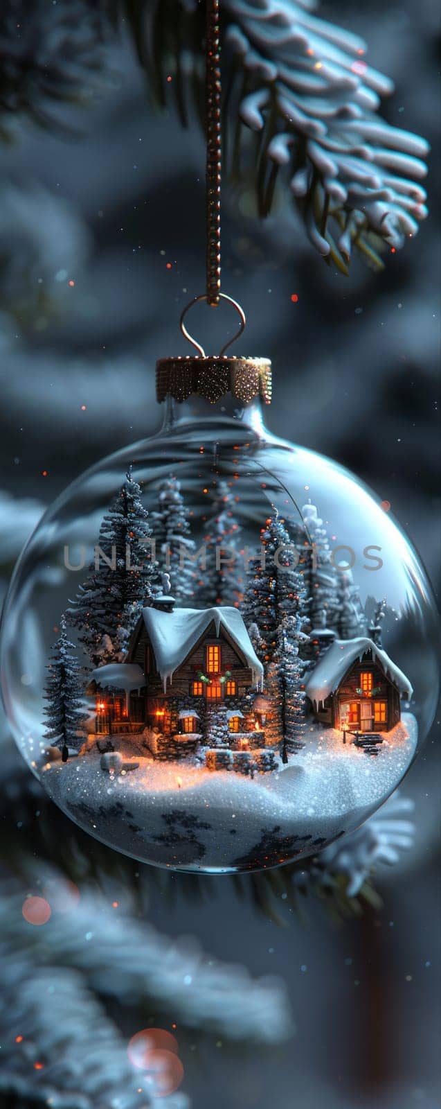 A glass ornament with a house and trees inside of it