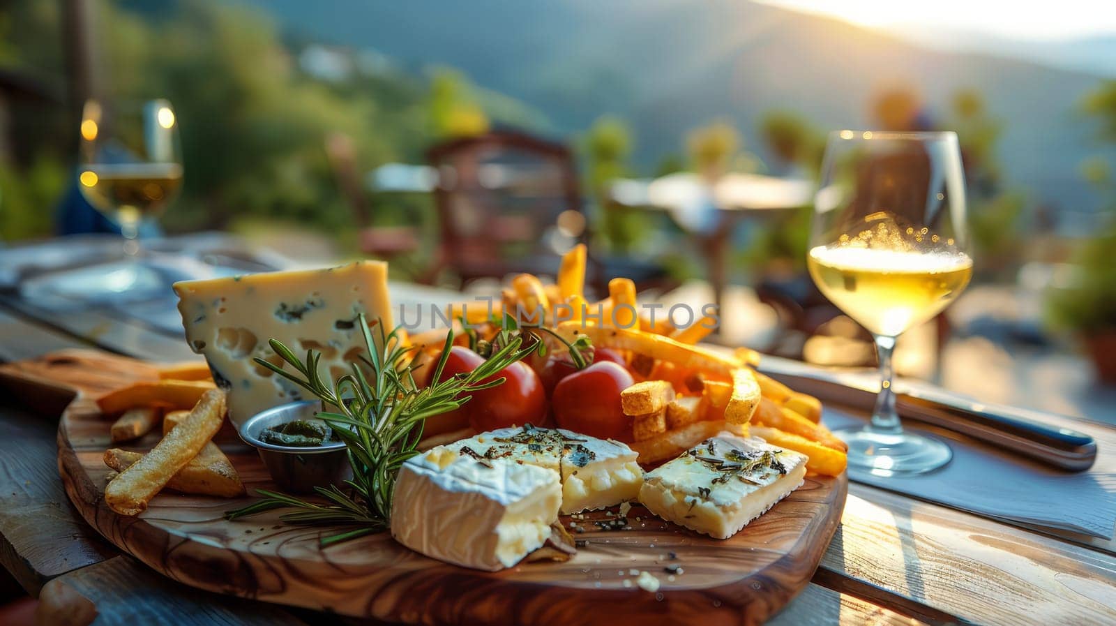 Wooden cutting board with cheese, tomatoes and bread on it with two glasses of wine side by side.