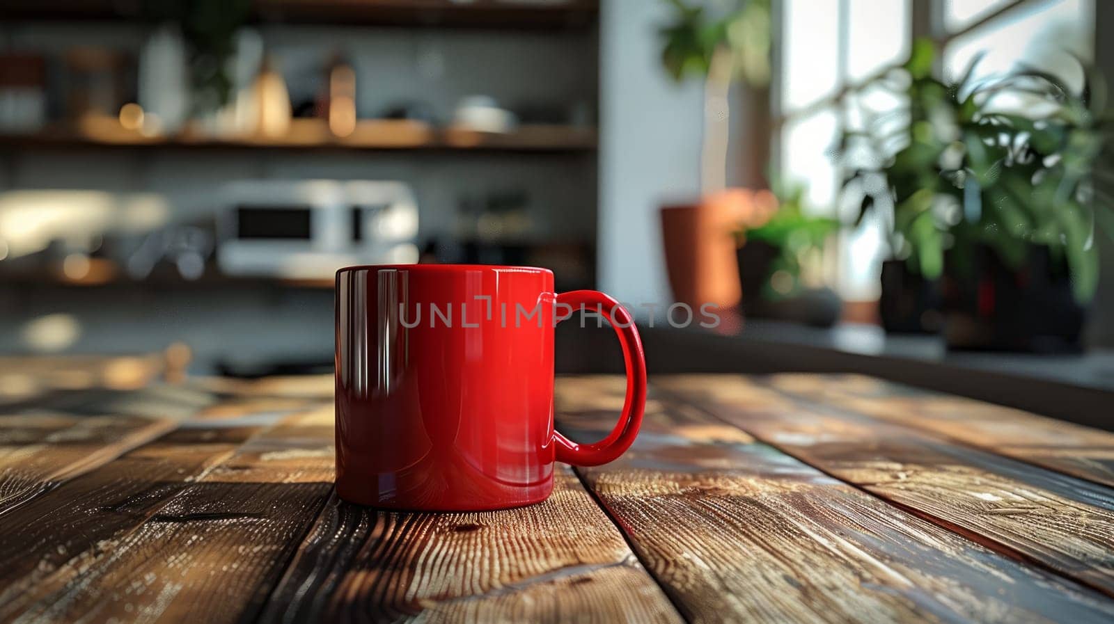 A red mug of coffee stands on a wooden table in front of plants against the blurred background of a kitchen or cafe
