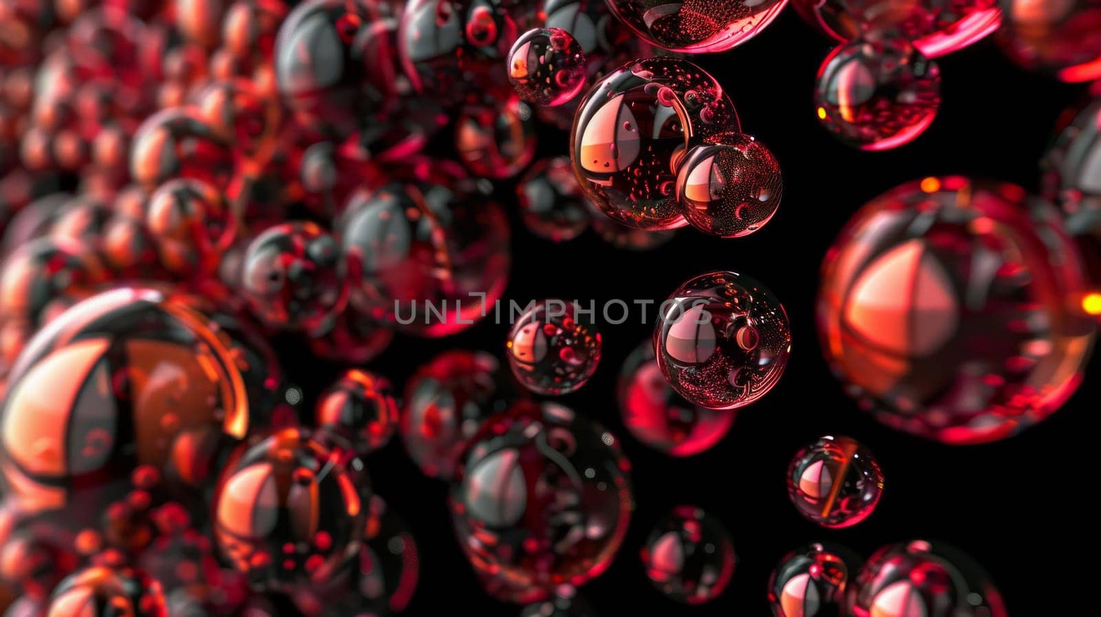 A bunch of red transparent bubbles float against a dark background.