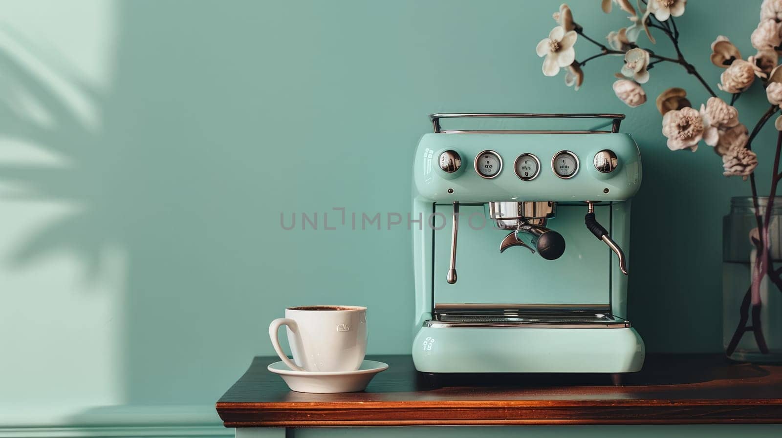 Coffee maker and cup on the table next to a vase with a copy space